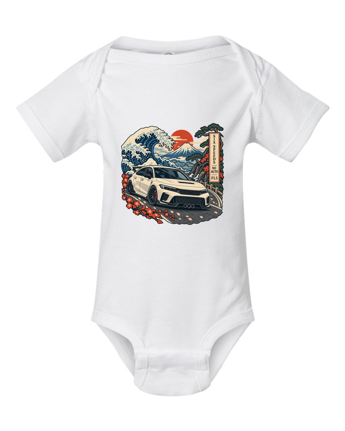 Ukiyo-e woodblock print of a 2023 Honda Civic Type R FL5 on a Fuji pass with six speeds no auto text white baby onesie front view with the design