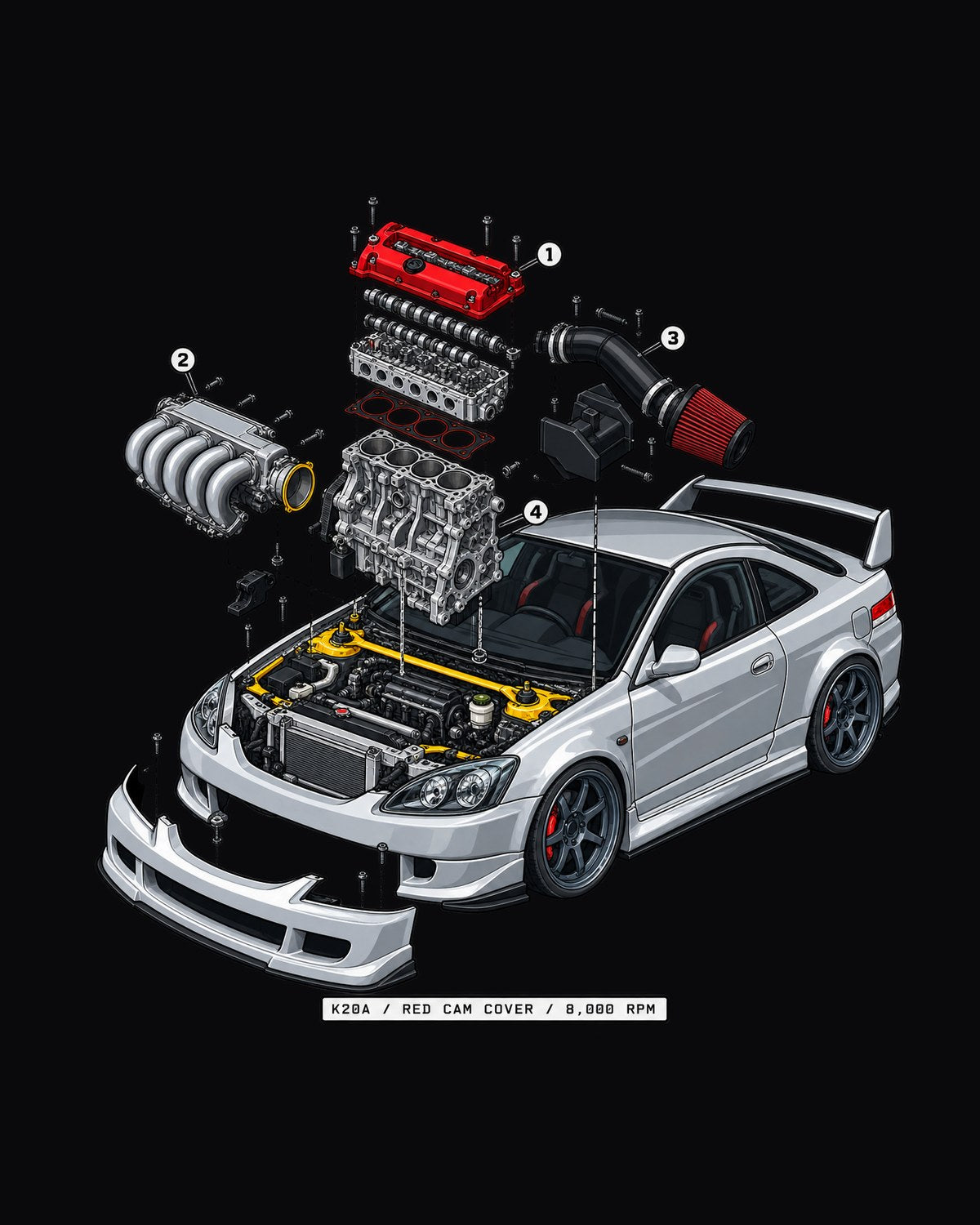 Integra DC5 K20A Exploded Engine Diagram Shirt, Red Top Tee design only