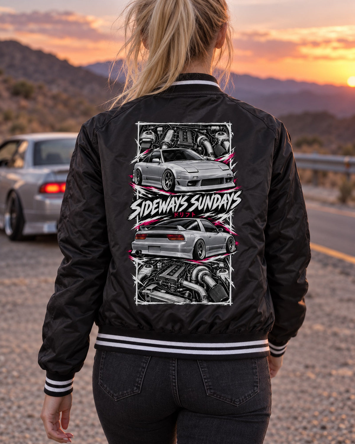 Nissan 180Sx S13 Torn Poster Full-Back Graphic Tee Bomber Jacket Black worn hero