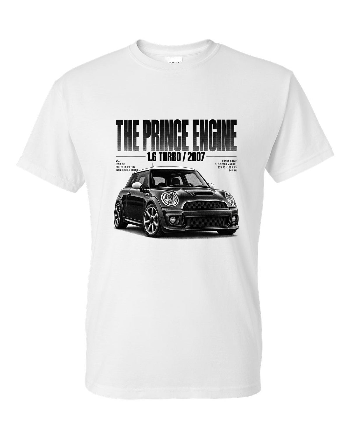 Halftone print of a Mini Cooper S R56 front three-quarter low angle with Prince engine text white t-shirt front view with the design