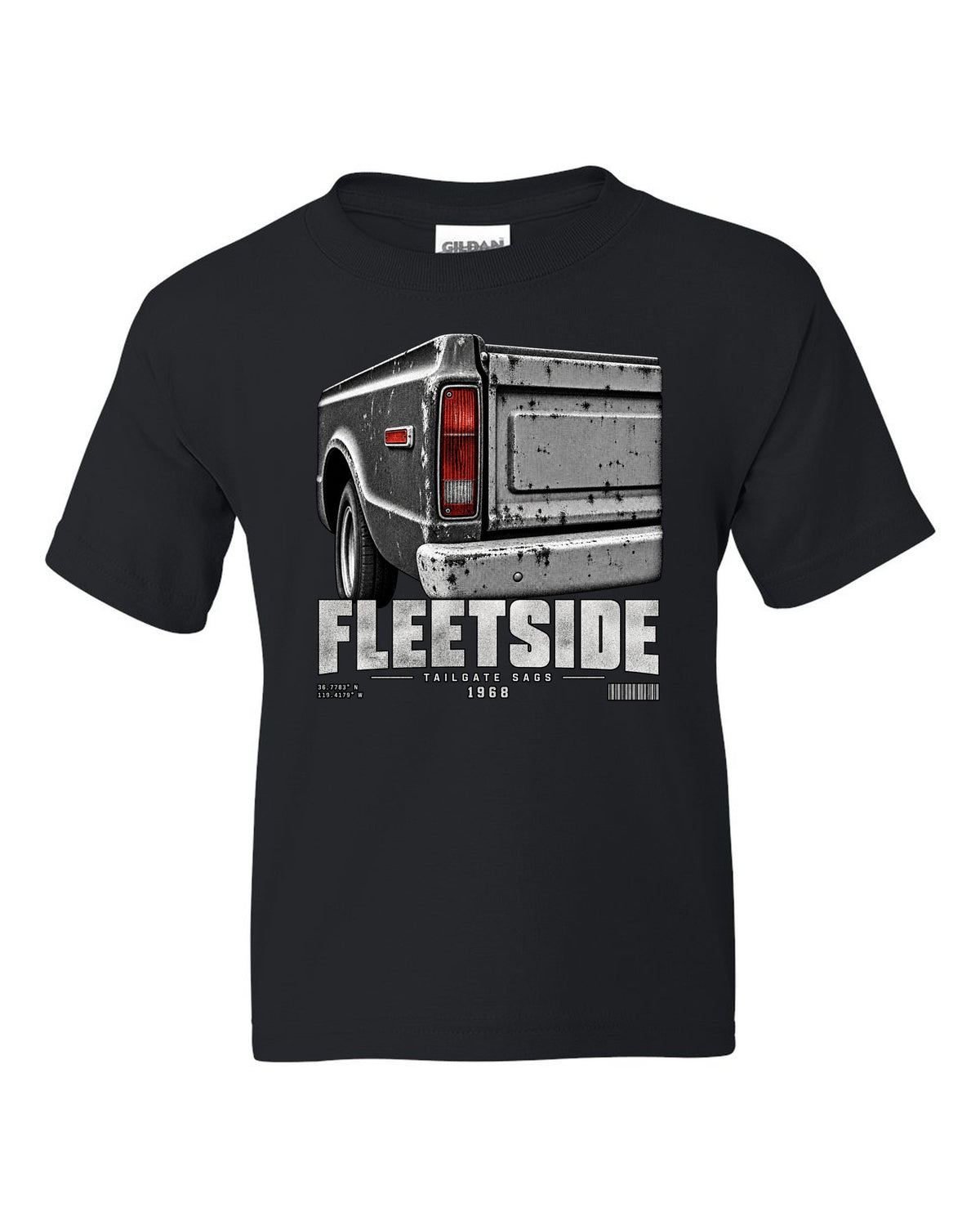 Close-up of a 1968 Chevy C10 Fleetside taillight and tailgate, print black kids tee front view with the design