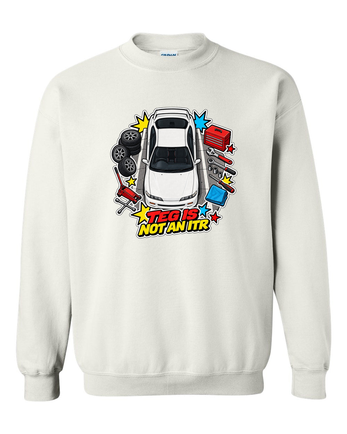 Retro Showa catalogue ad style print of a 2002 Honda Integra DC5 ch with K20A six speed text white crewneck front view with the design