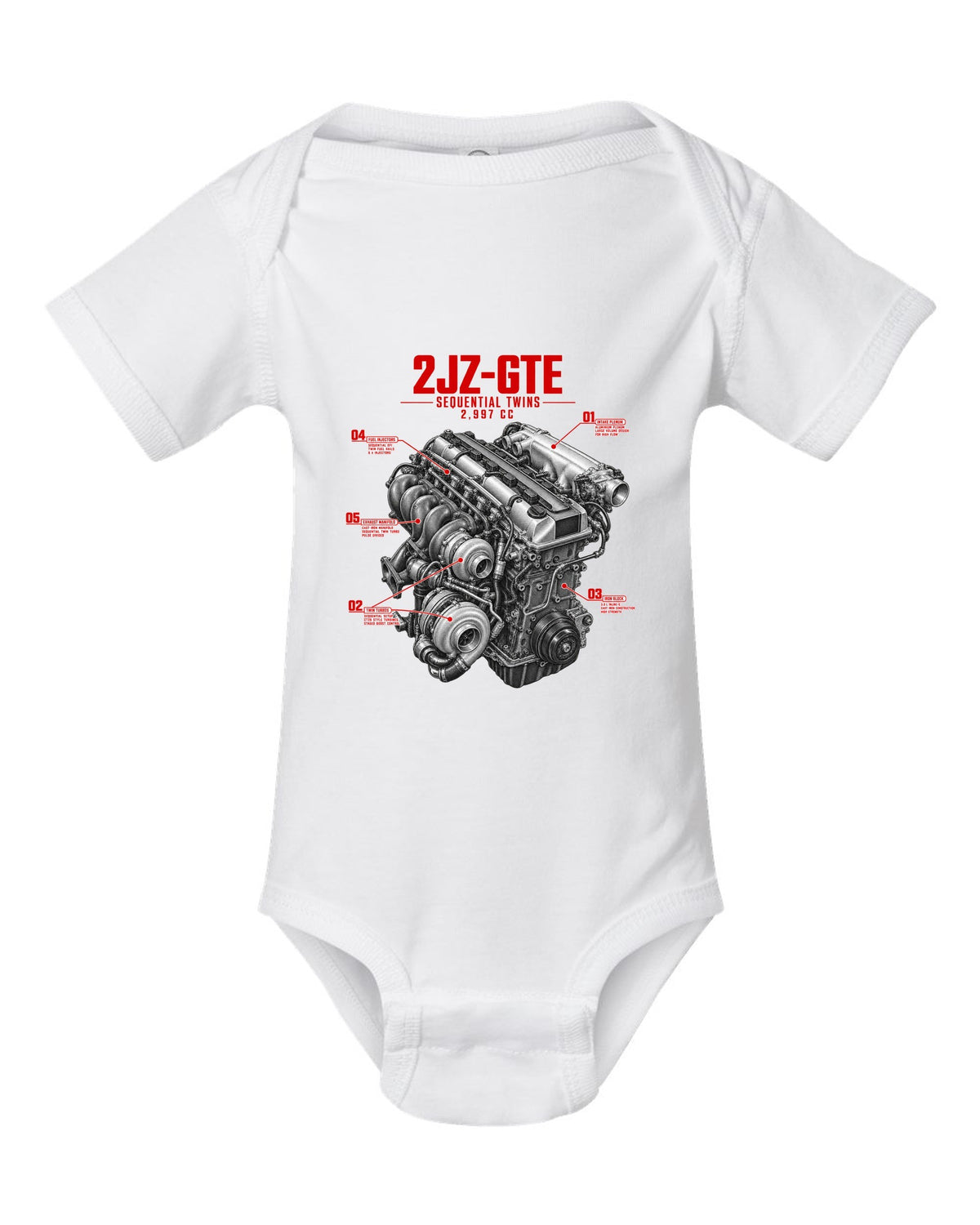 print of a Toyota Supra A80 2JZ-GTE engine with callouts for sequential twins and 2,997 cc white baby onesie front view with the design