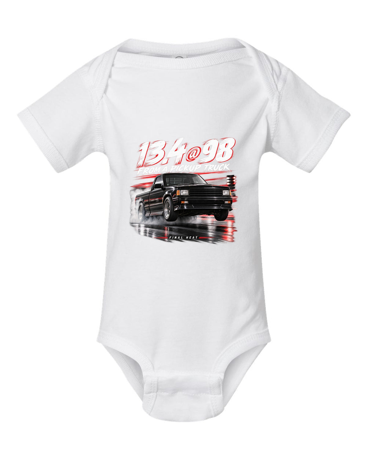 1991 GMC Syclone quarter mile race poster print white baby onesie front view with the design