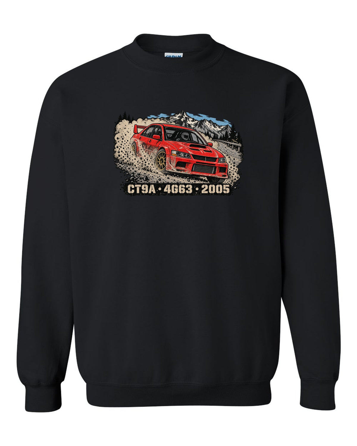 Distressed screenprint print of a Mitsubishi Lancer Evolution IX CT9A on gravel with CT9A 4G63 2005 lettering black crewneck front view with the design