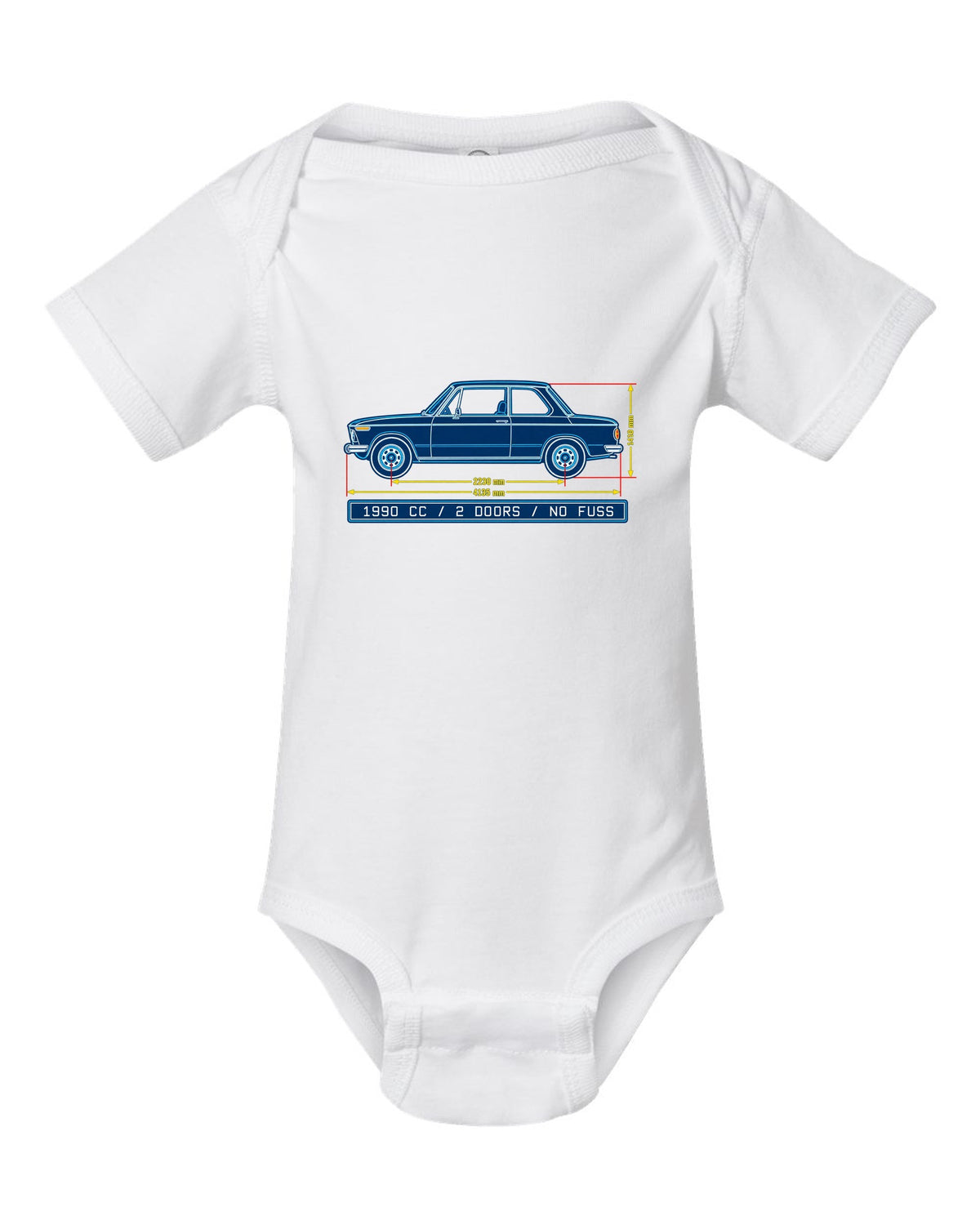 BMW 2002 turbo flared arch linocut woodcut print with 1,672 built text white baby onesie front view with the design