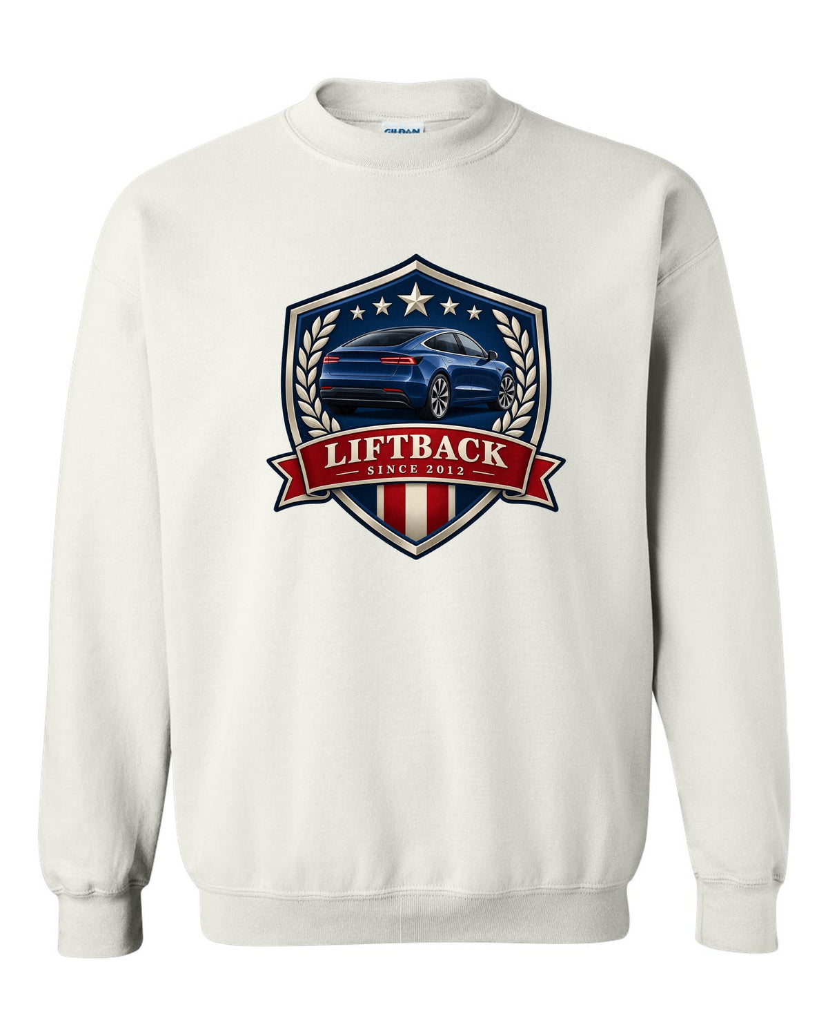 Original shield crest design of a 2021 Tesla Model S Plaid with the words Liftback Since 2012 white crewneck front view with the design