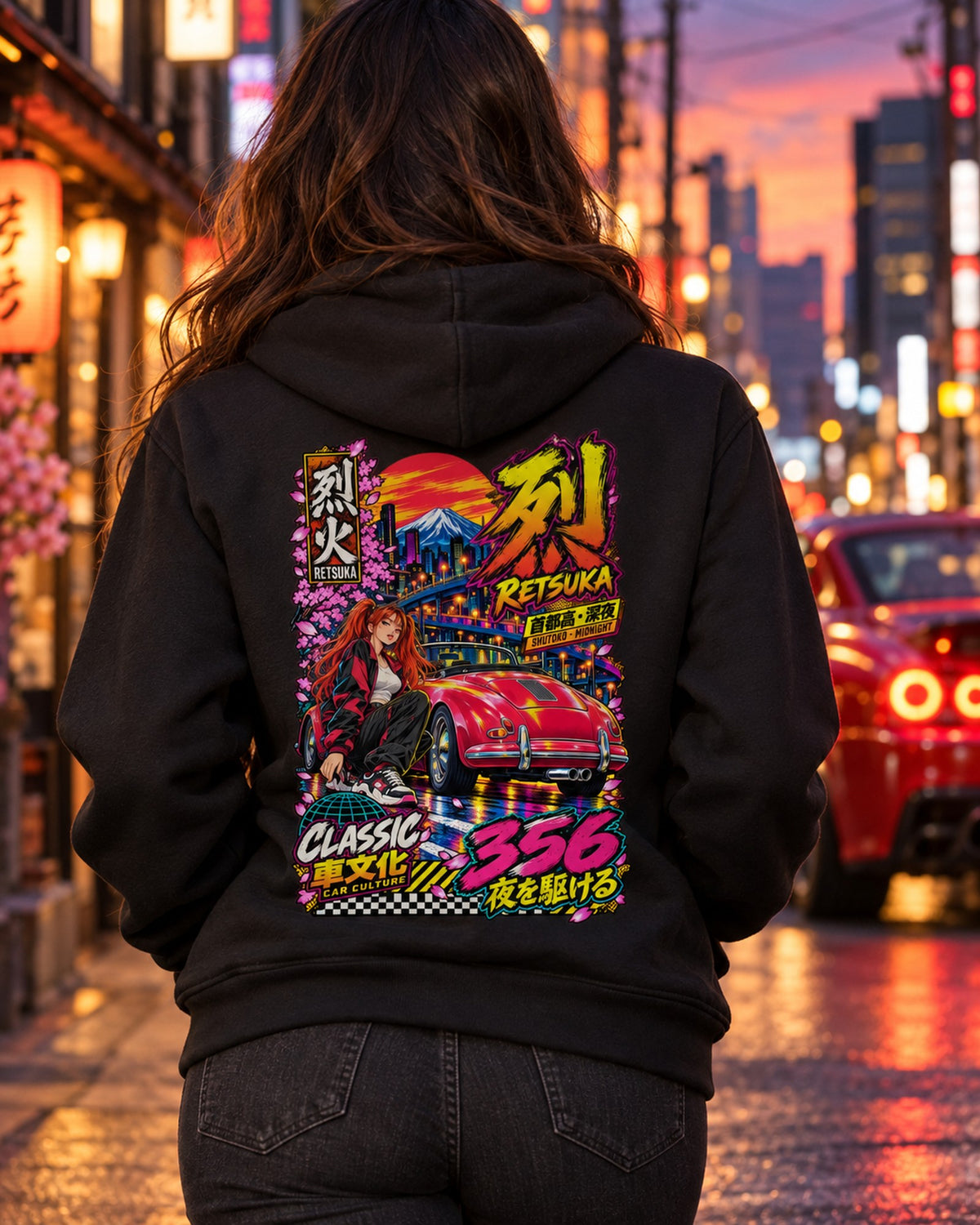 RETSUKA 356 Anime Girl Full-Back Graphic Tee Zip Hoodie Black worn hero