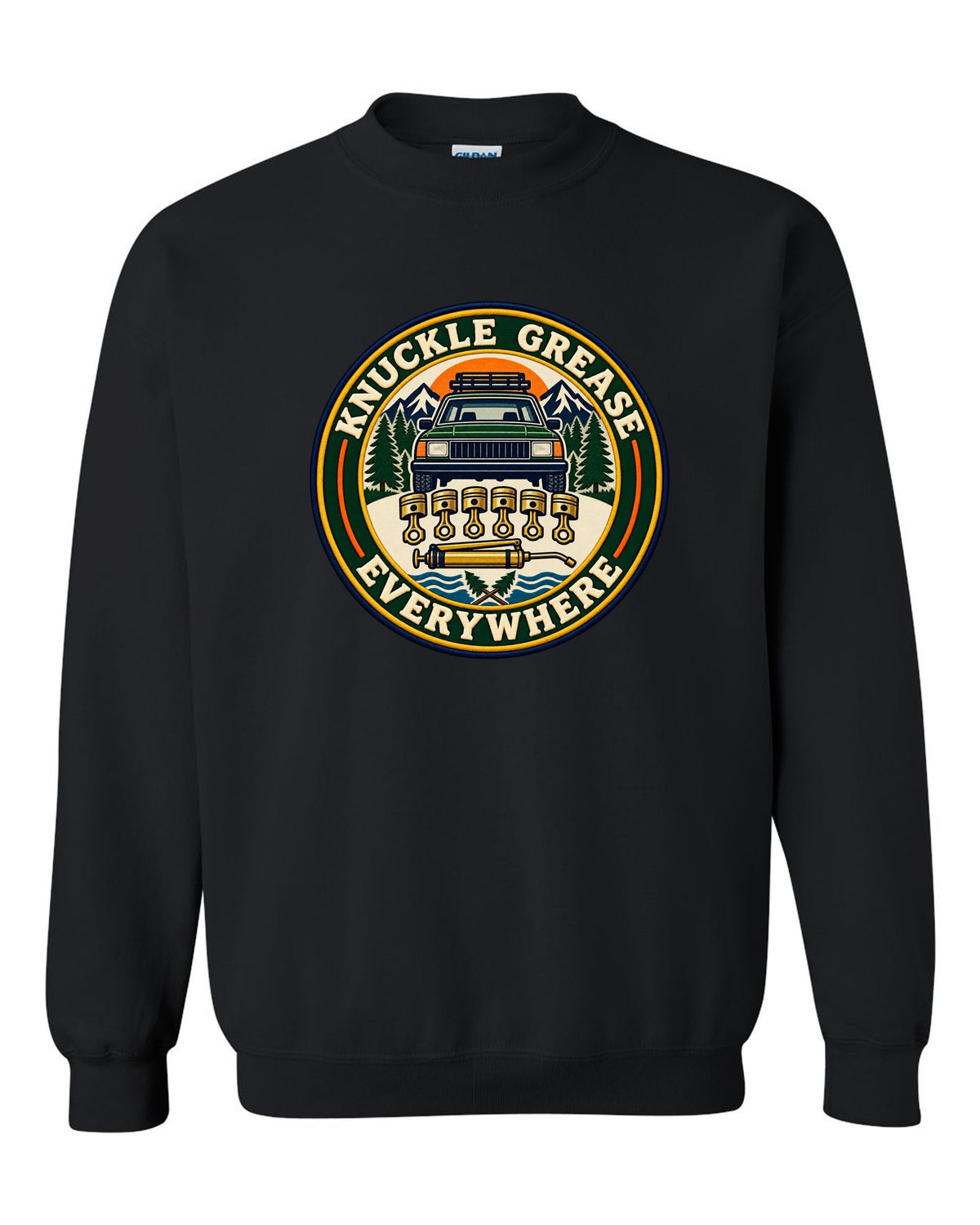 Badge crest of a Toyota Land Cruiser FZJ80 inline-six with Knuckle Grease Everywhere lettering black crewneck front view with the design