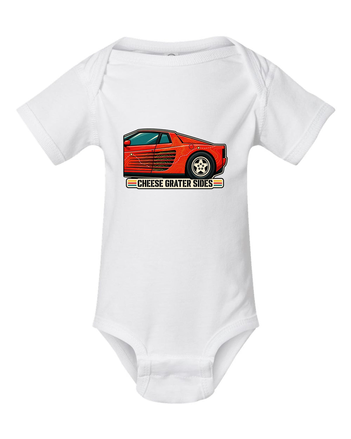 Topographic contour line print of the Ferrari Testarossa F110 with the text cheese grater sides white baby onesie front view with the design