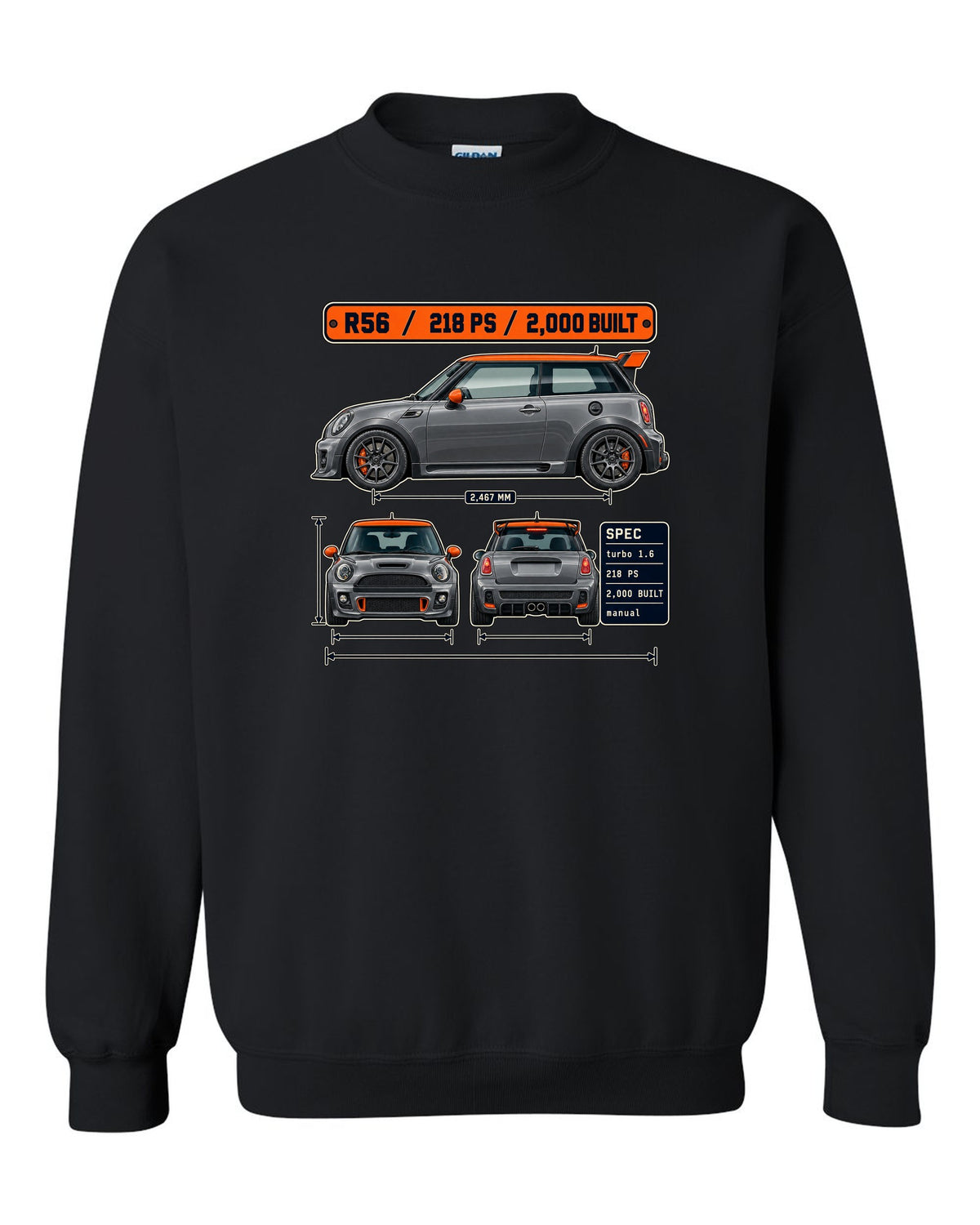 Three-view and spec table print for the Mini JCW GP R56 2012 with 2,000 built text black crewneck front view with the design
