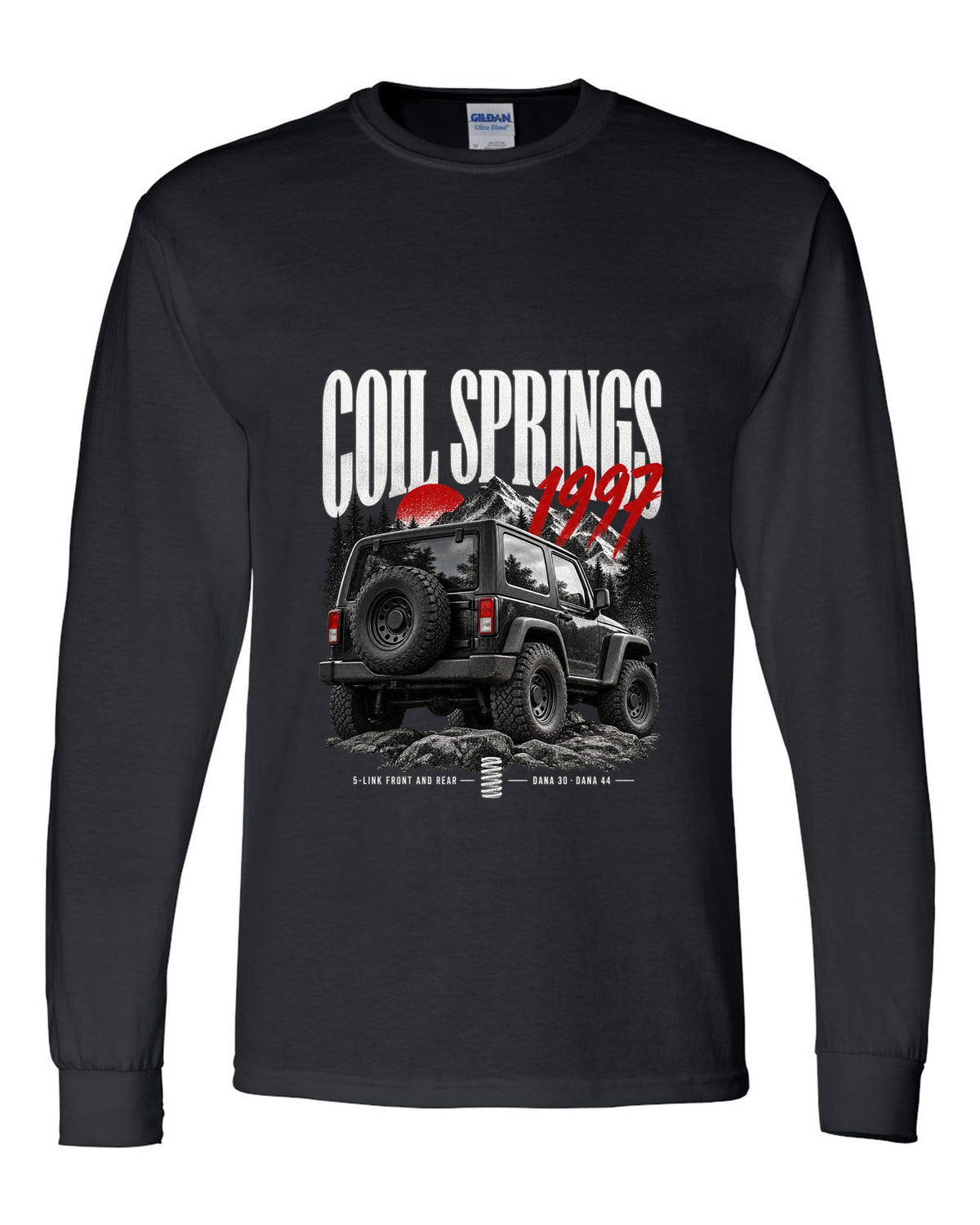 Editorial print for the Jeep Wrangler TJ, coil springs 5-link Dana 30 and Dana 44 black long sleeve front view with the design