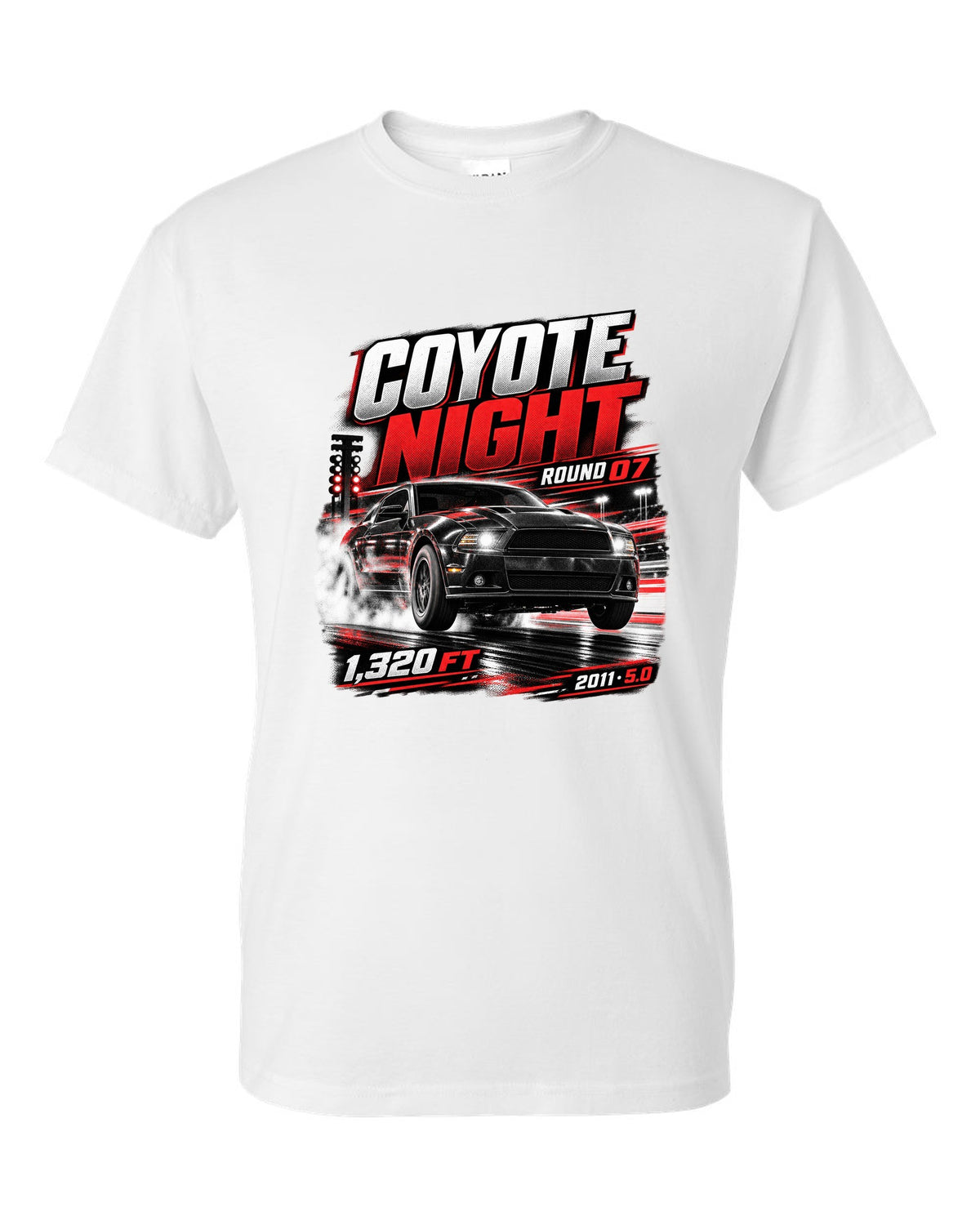 Night race poster print of a 2011 Ford Mustang S197 GT 5.0 white t-shirt front view with the design