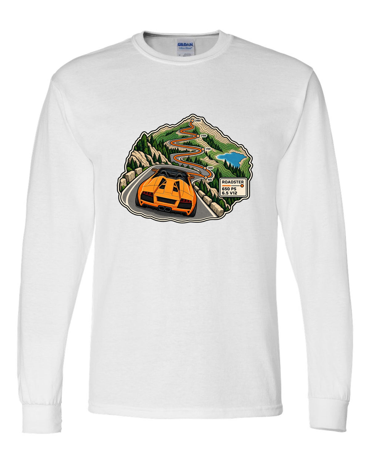 Topographic route map of a 2010 Lamborghini Murcielago LP650-4 Roadster with 650 PS and 6.5 V12 white long sleeve front view with the design