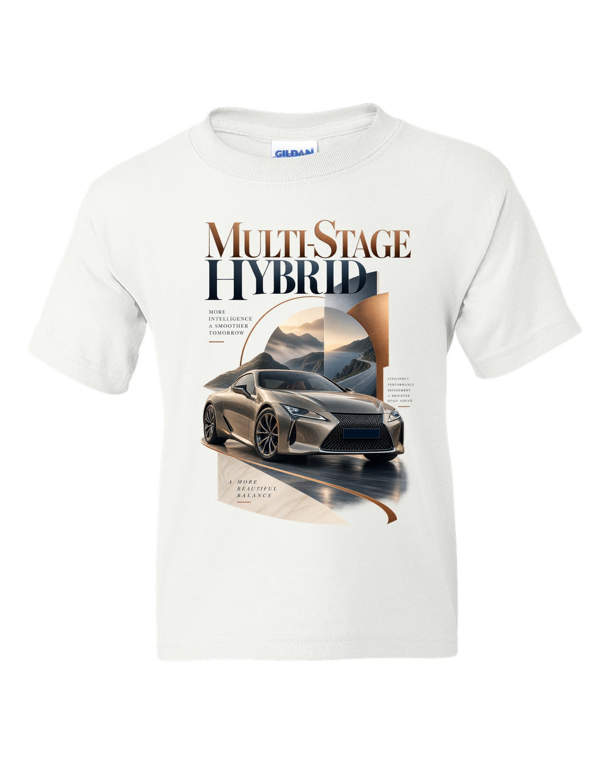 Editorial headline layout for the Lexus LC 500h hybrid white kids tee front view with the design