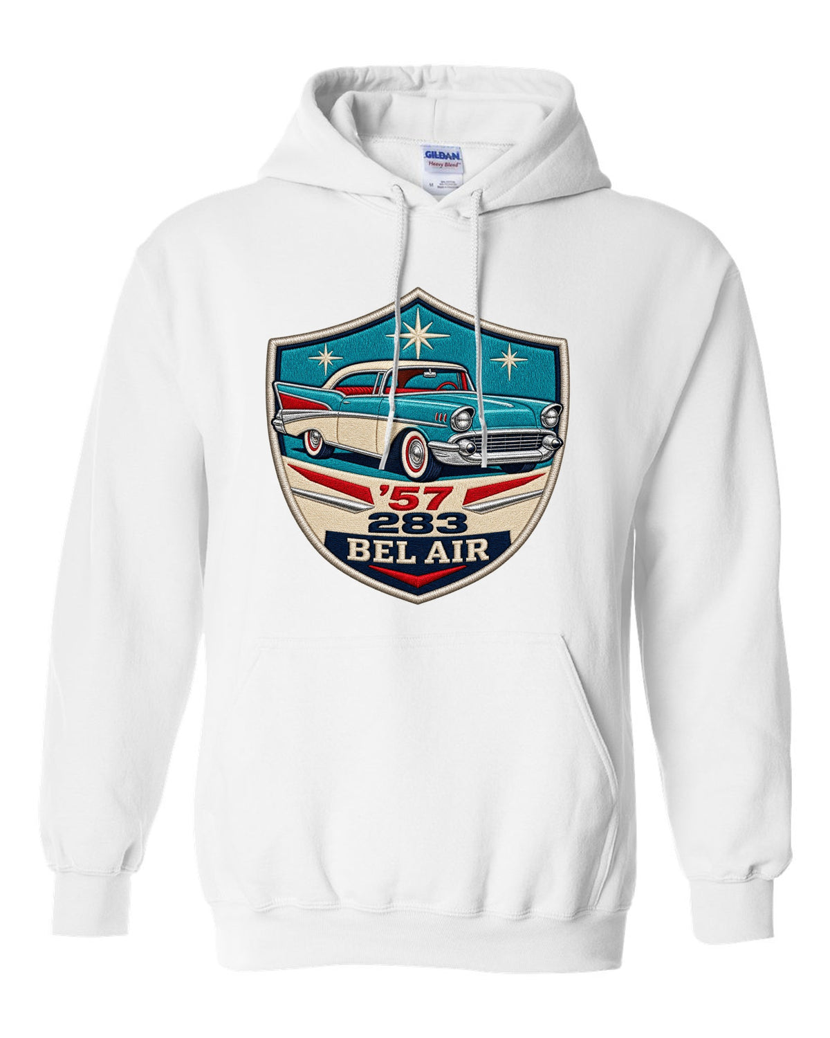 Original shield crest print for a 1957 Chevrolet Bel Air with 283 lettering white pull over hoodie front view with the design