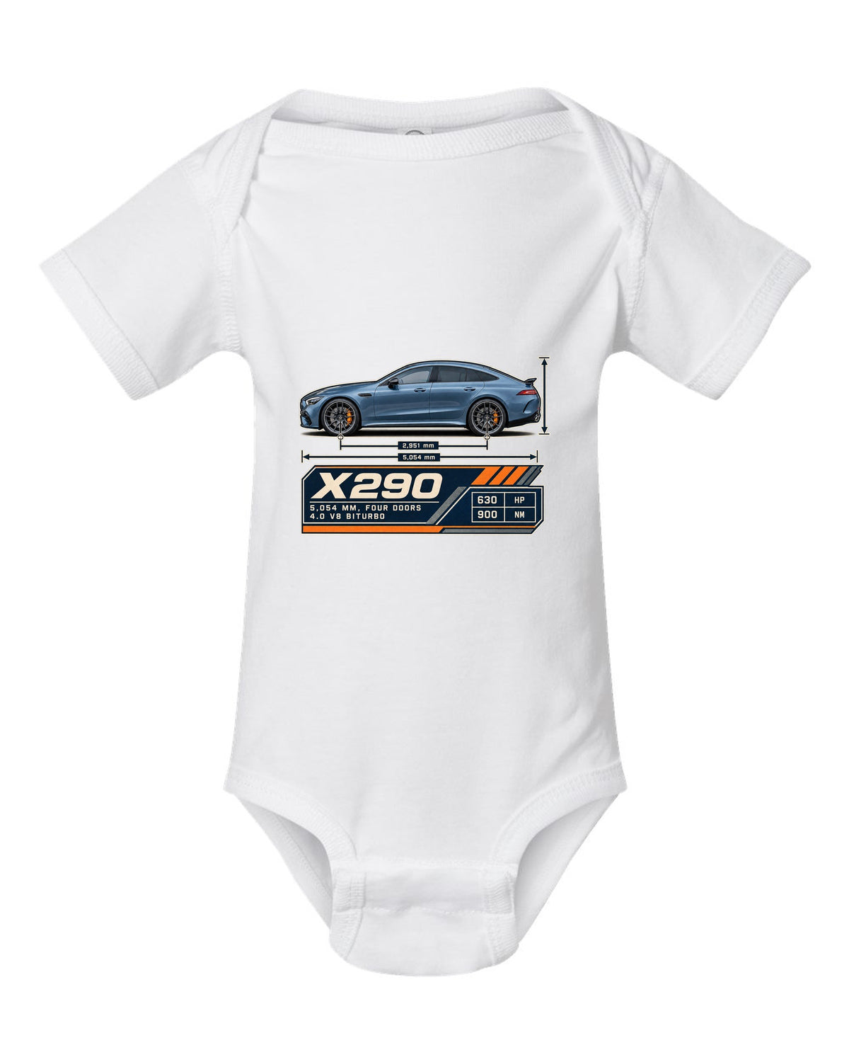 Mercedes-AMG GT 63 S 4-Door X290 steel blue blueprint print white baby onesie front view with the design