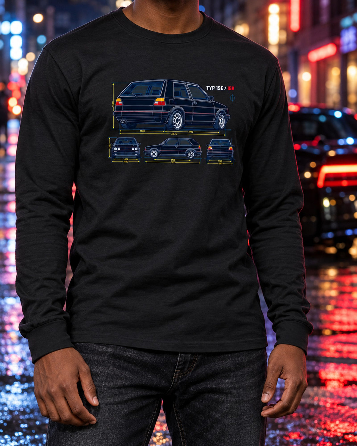 VW Golf Mk2 GTI 16V Blueprint Shirt, Typ 19E Patent Art Long Sleeve Black worn hero