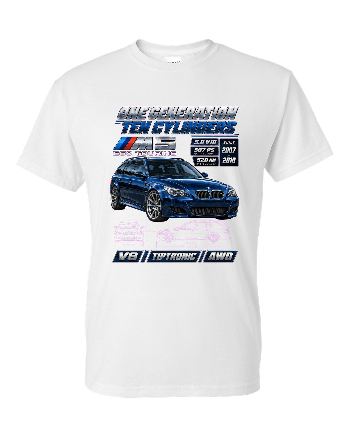 BMW M5 E60 V10 saloon spec poster print white t-shirt front view with the design