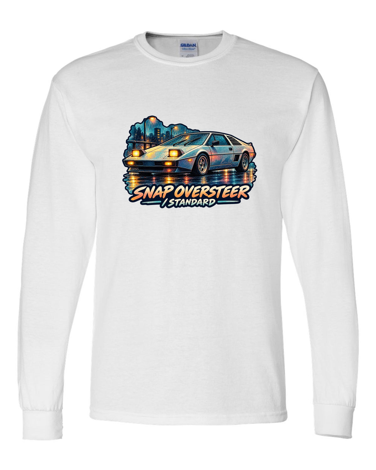 Watercolour wash of a Toyota MR2 AW11 driving in rain with oversteer slogan white long sleeve front view with the design