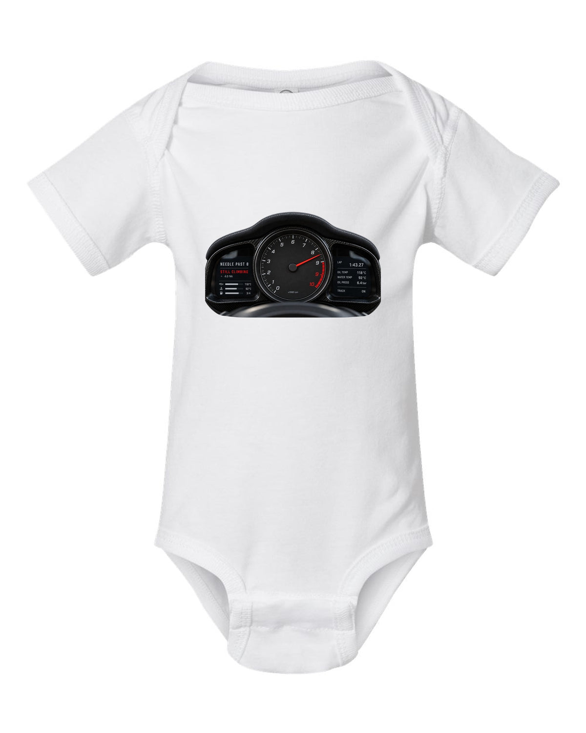 Cockpit gauge print of a 2022 Porsche 911 GT3 RS 992 tachometer past 8 white baby onesie front view with the design