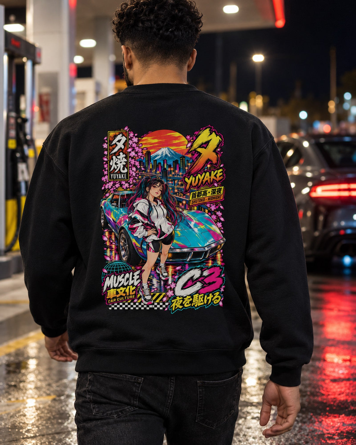 YUYAKE C3 Anime Girl Full-Back Graphic Tee Crewneck Black worn hero