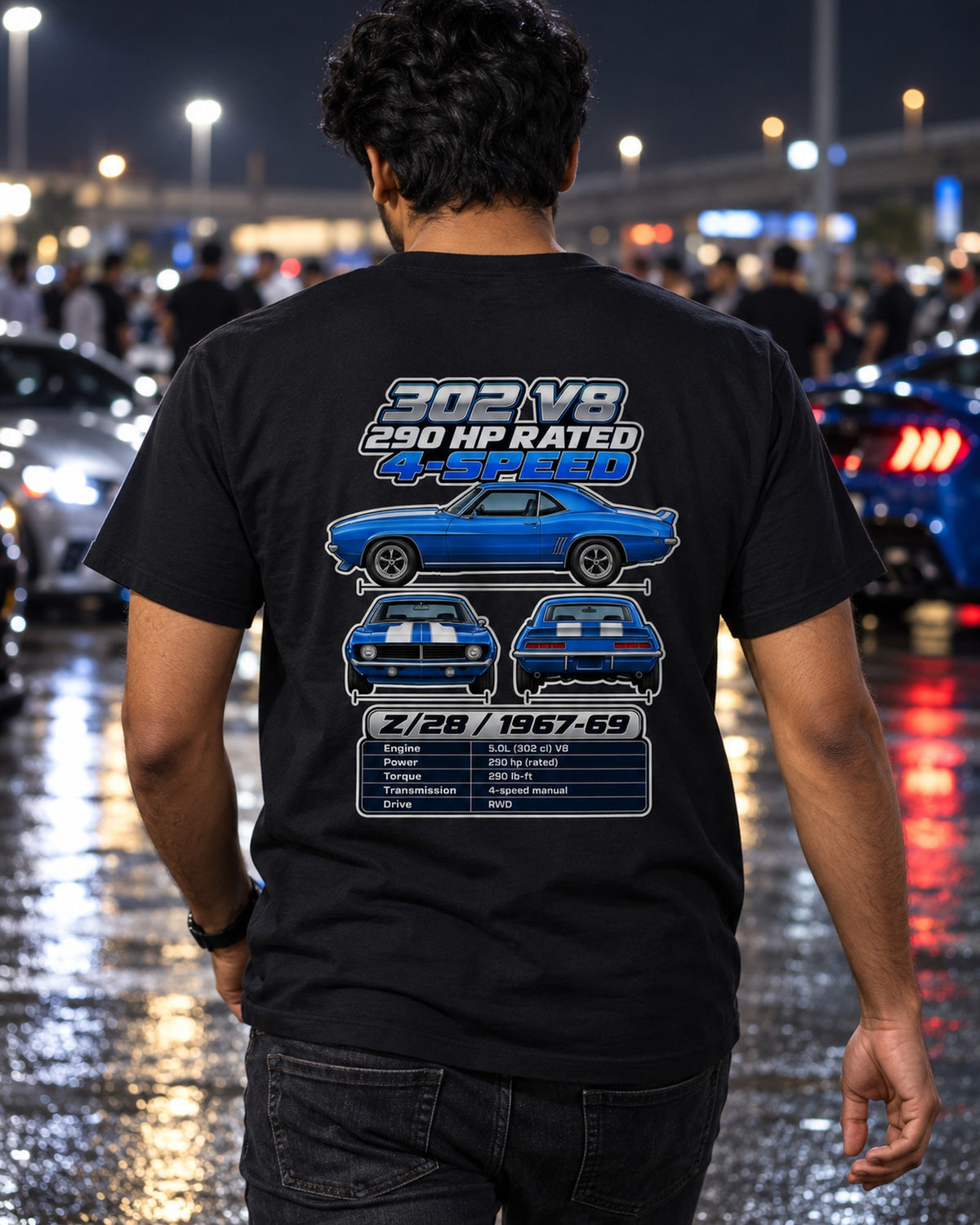 Chevrolet Camaro Z28 1967 Spec Sheet Full-Back Graphic Tee T-Shirt Black worn hero