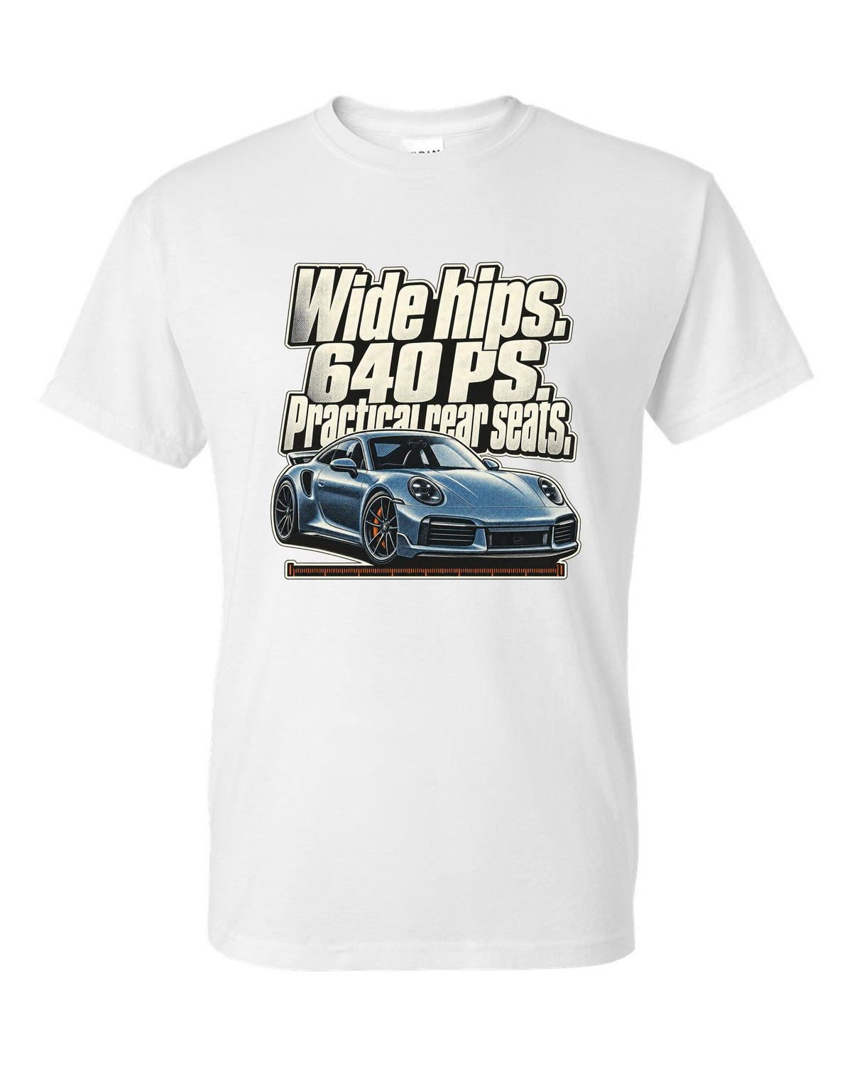 Halftone print of a Porsche 911 Turbo S 992 coupe with a three-line statement white t-shirt front view with the design