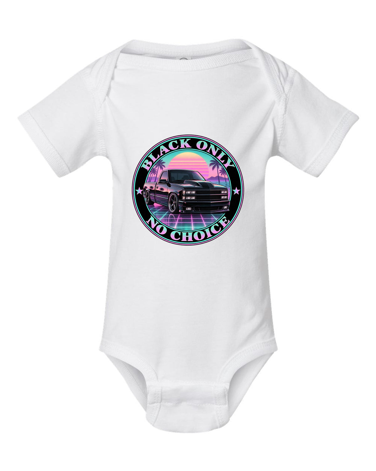 Pastel vaporwave print of a 1990-93 Chevrolet 454 SS pickup with black only no choice lettering white baby onesie front view with the design
