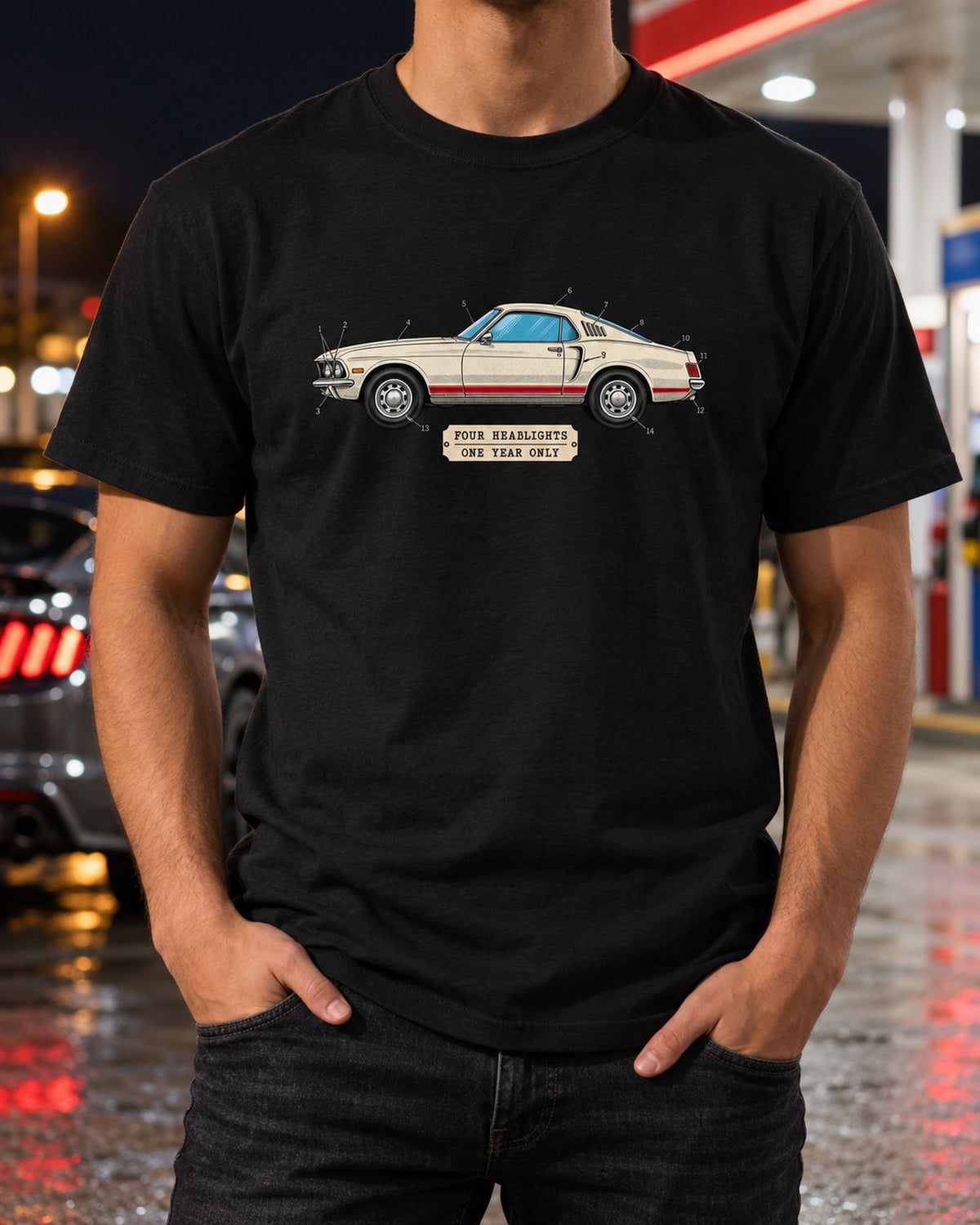 1969 Ford Mustang Fastback Patent Sheet Profile Shirt T-Shirt Black worn hero