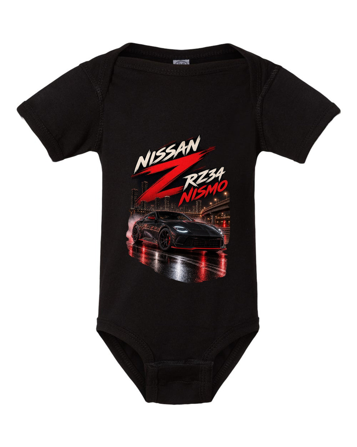 Nissan RZ34 Z spec poster with 2022 debut, VR30DDTT and 400 hp text black baby onesie front view with the design