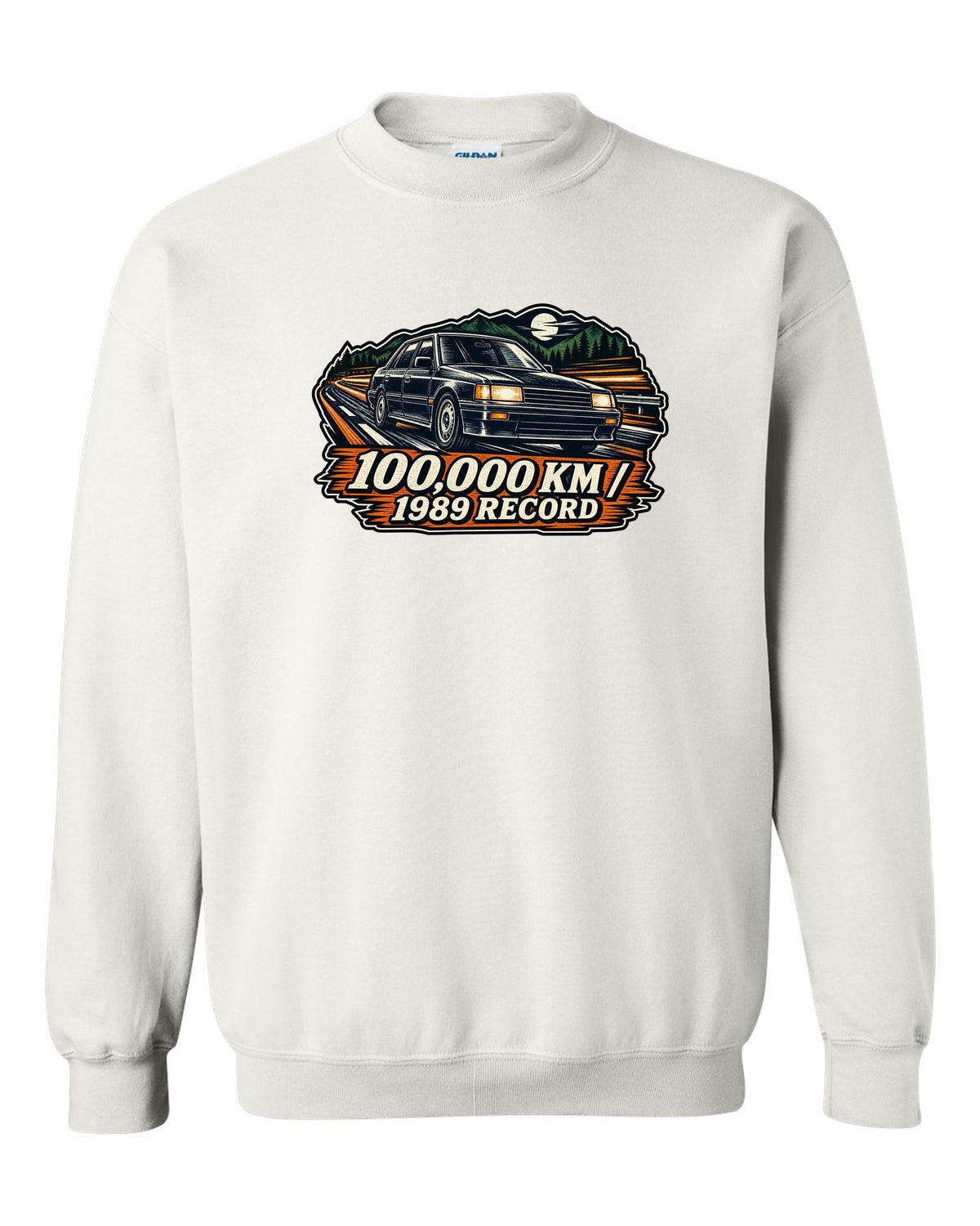 Linocut woodcut style illustration of a Subaru Legacy BC5 RS with 100,000 km 1989 record text white crewneck front view with the design