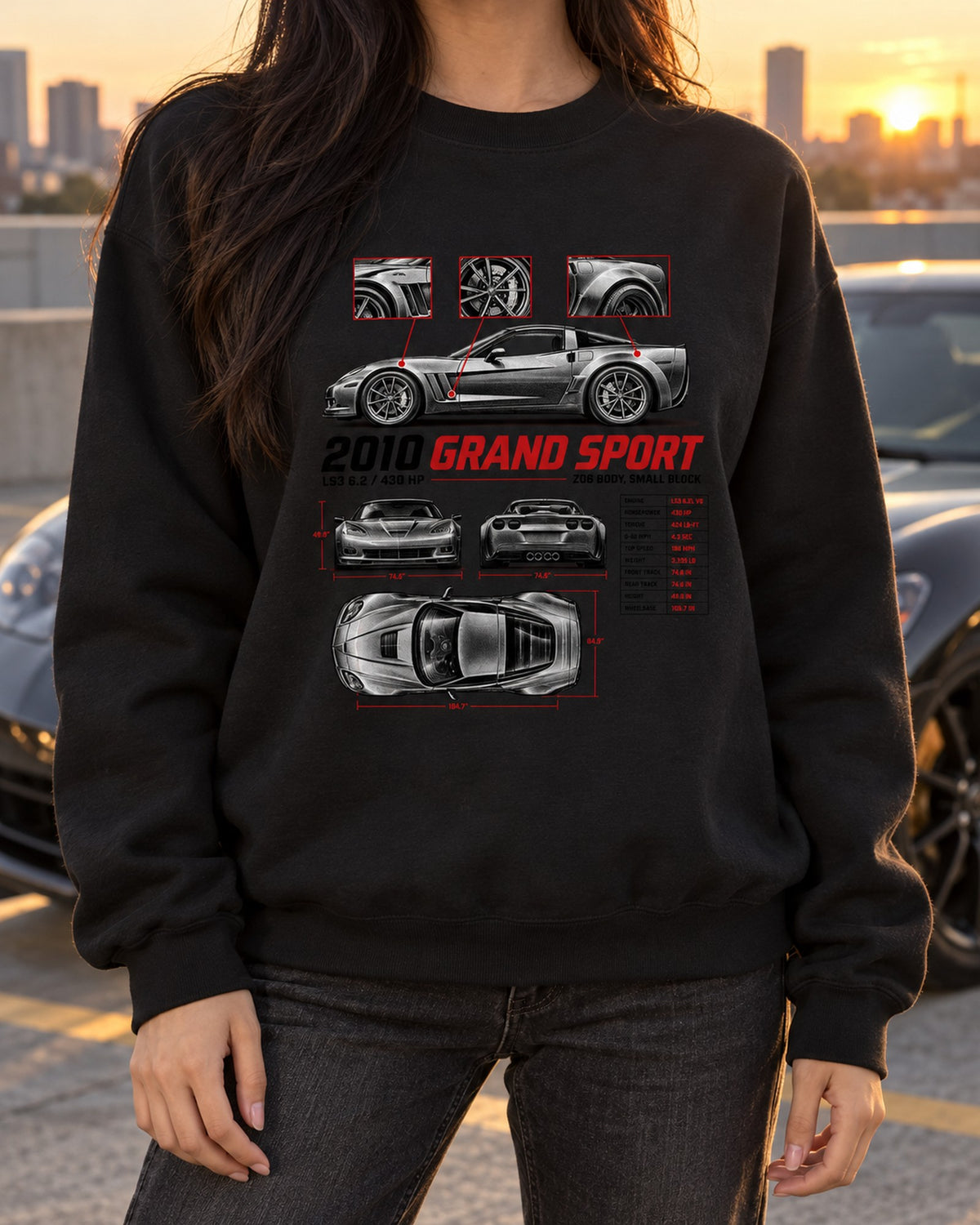 Corvette C6 Grand Sport 2010 Spec Poster Tee, LS3 430 HP Crewneck Black worn hero