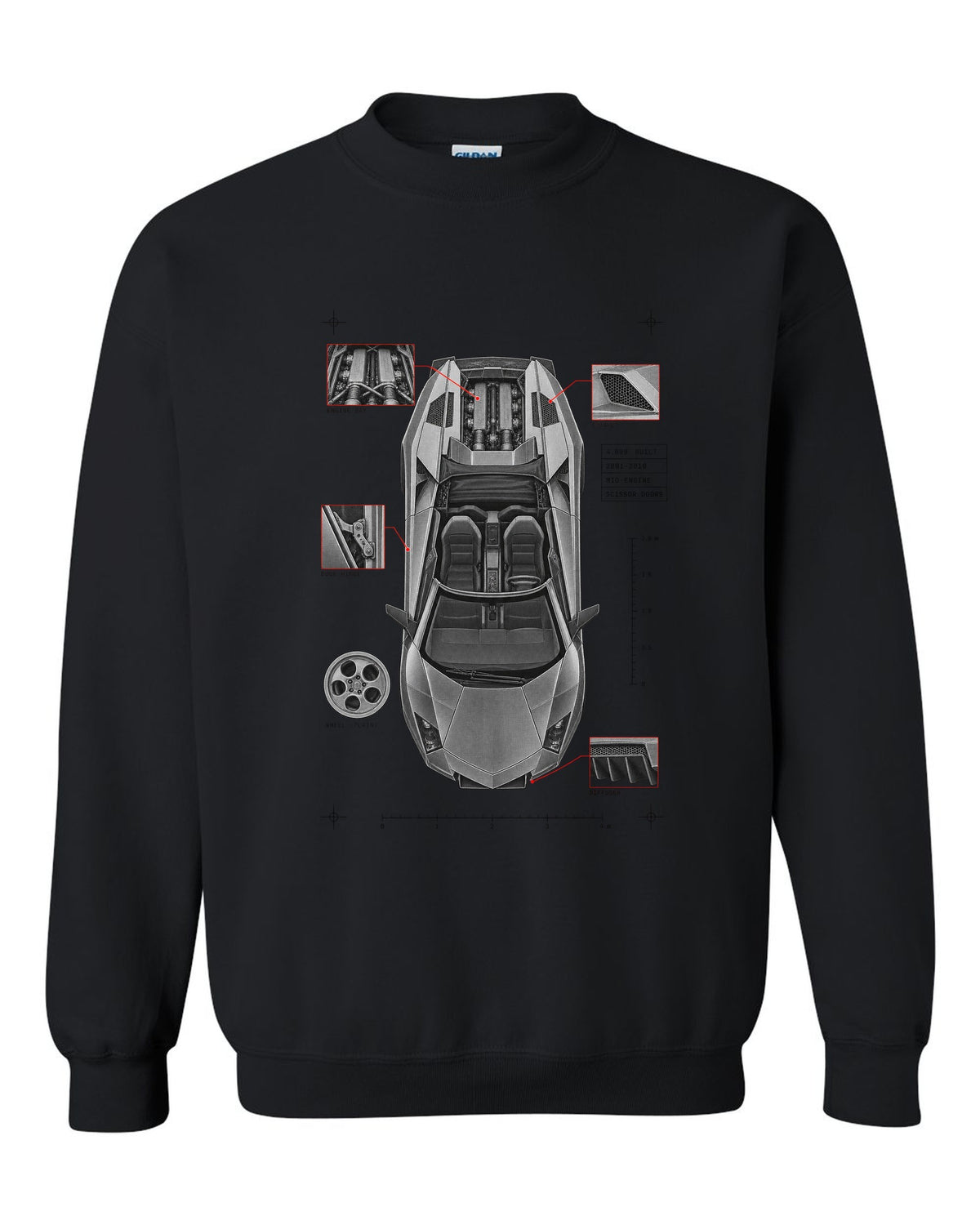 Spec poster print of a Lamborghini Murcielago LP640 Roadster with 4,099 built and scissor doors black crewneck front view with the design