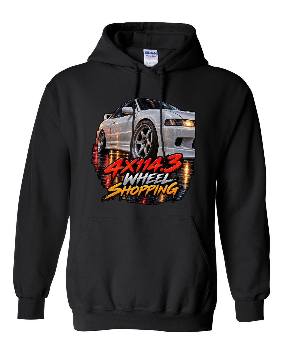 Cinematic macro painting print of a wet wheel on a 1995 Honda Integra DC2 coupe with 4x114.3 text black pull over hoodie front view with the design