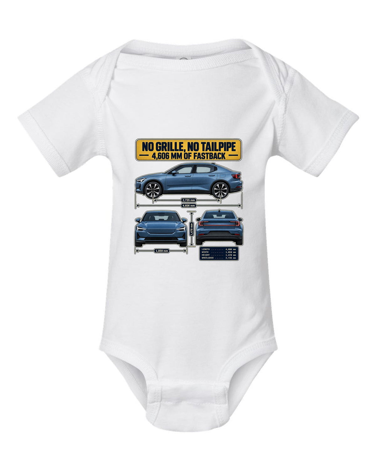 Three-view spec table print of a Polestar 2 fastback 2020-2023 white baby onesie front view with the design