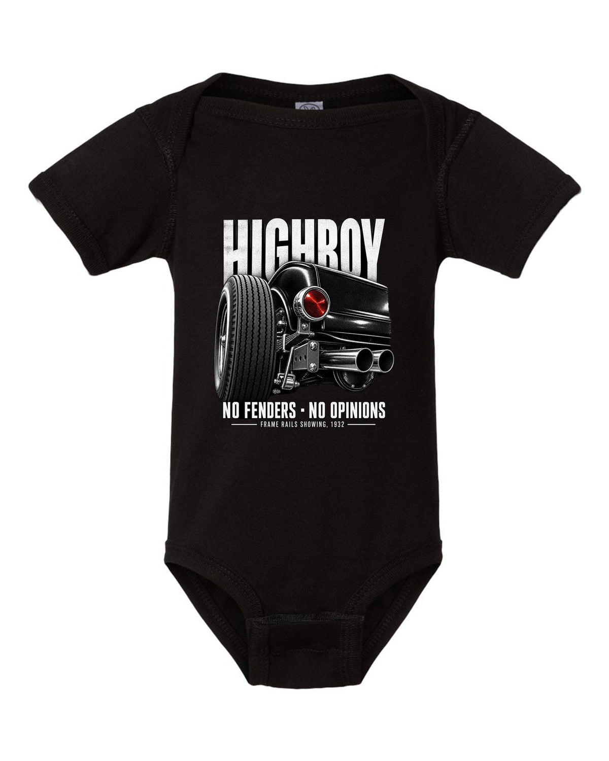 Rear taillight detail print of a 1932 Ford Deuce highboy roadster black baby onesie front view with the design