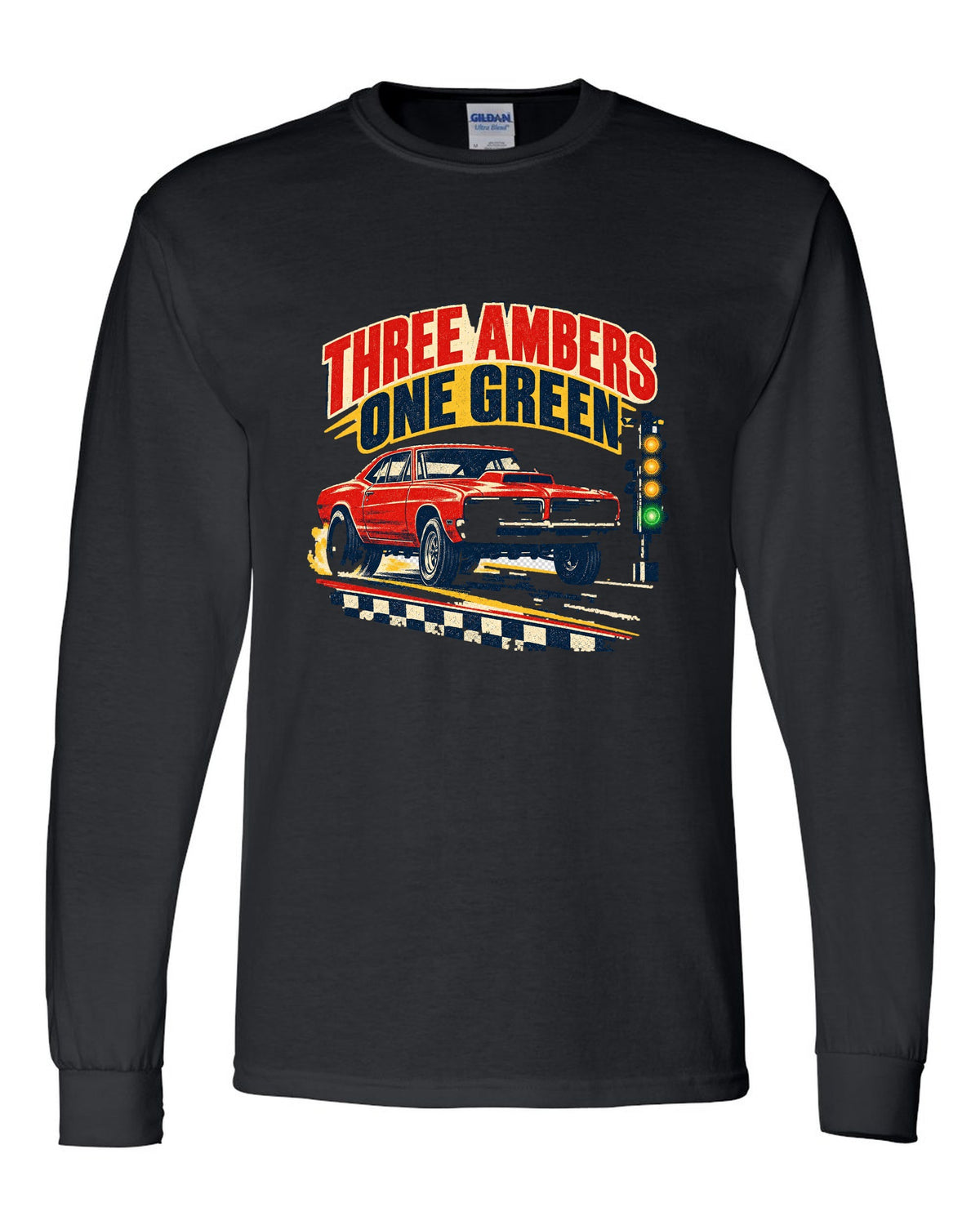 Vintage drag-race poster of a 1969 Plymouth Road Runner with the Christmas tree lights black long sleeve front view with the design