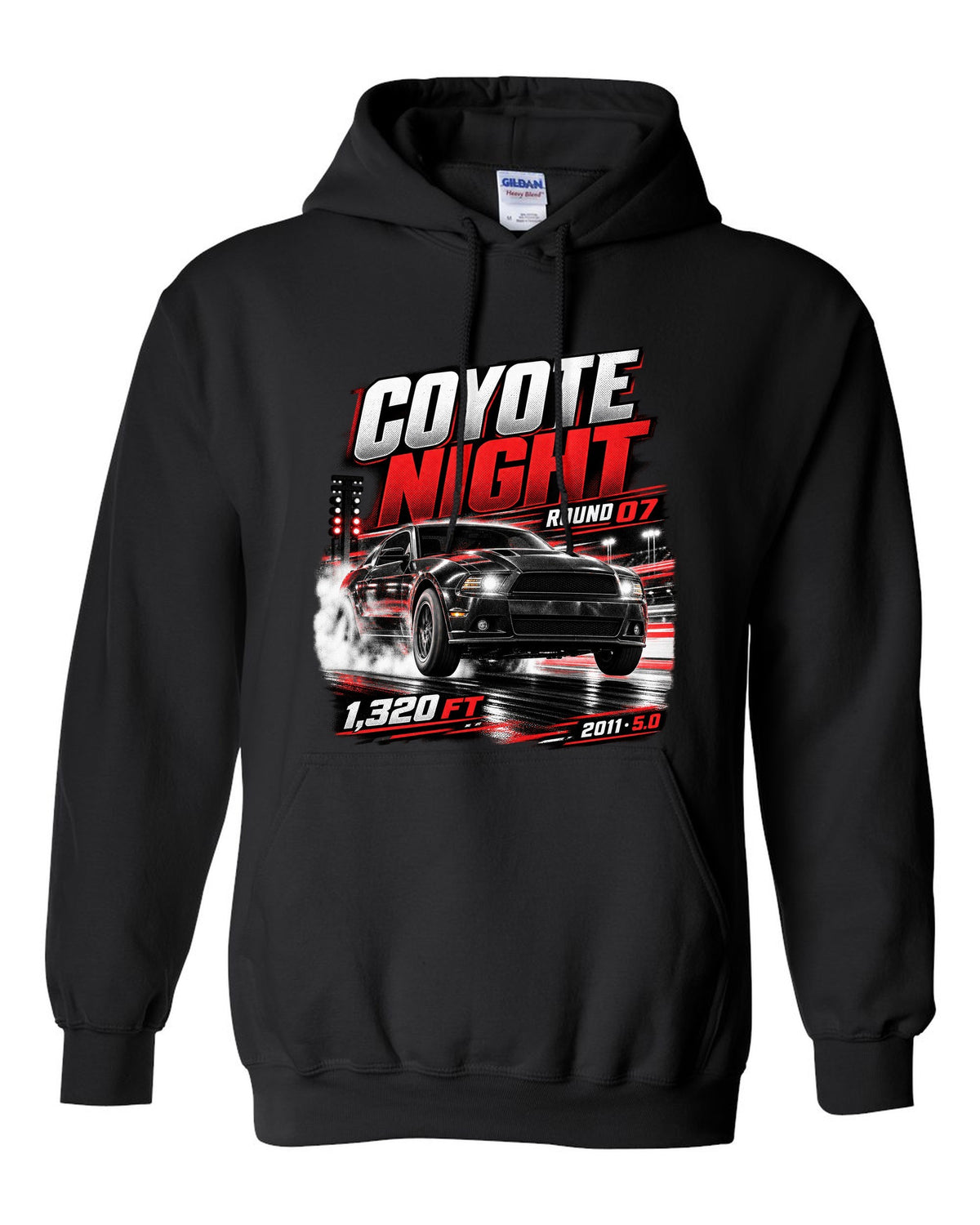 Night race poster print of a 2011 Ford Mustang S197 GT 5.0 black pull over hoodie front view with the design