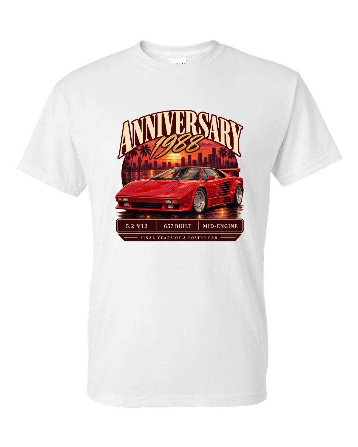 Archive panel print of a Lamborghini Countach 25th Anniversary with 657 built text white t-shirt front view with the design