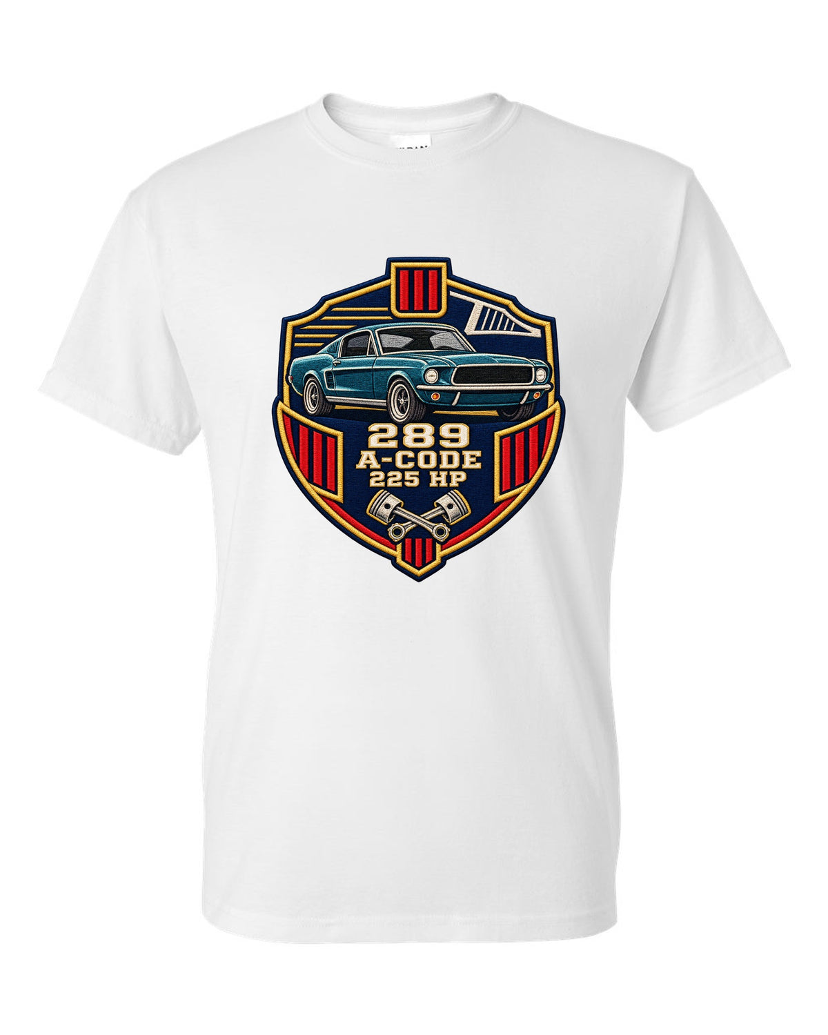 Embroidery-style varsity crest print for a 1967 Ford Mustang fastback A-Code 289 white t-shirt front view with the design