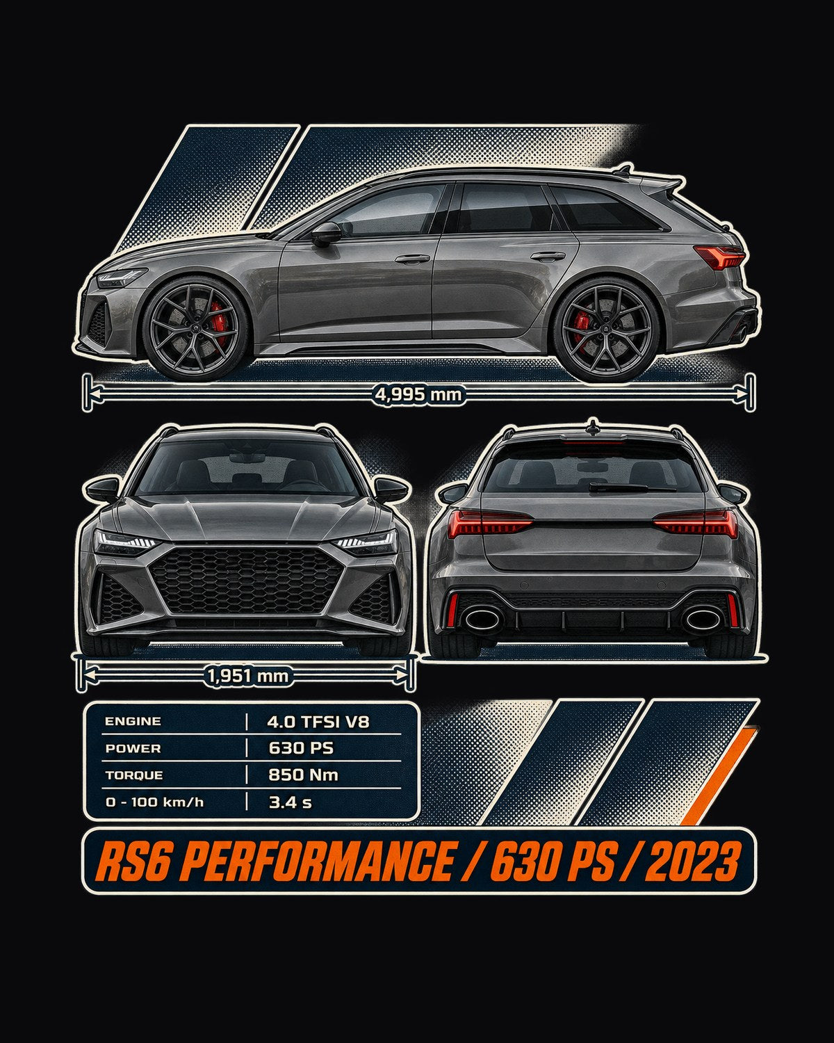 Audi RS6 Avant Performance Three-View Spec Tee, 630 PS design only