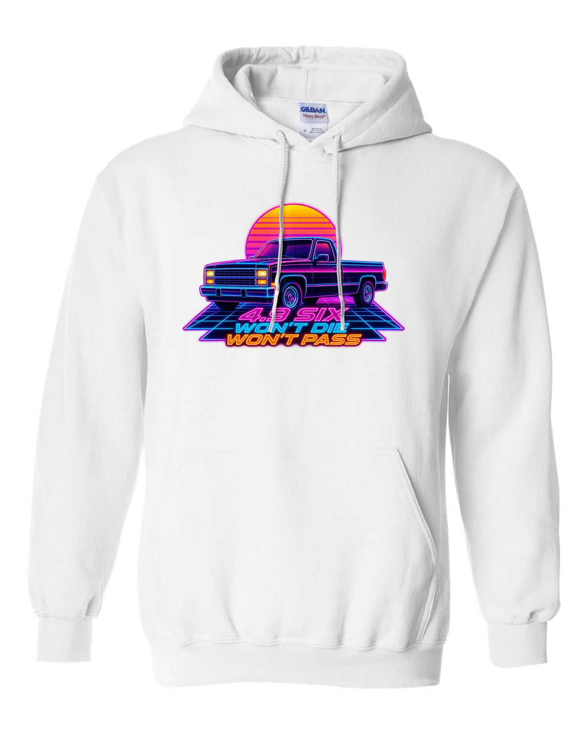 Synthwave neon art of a 1987-91 Ford F-150 Brick-Nose in drive-in rain with 4.9 SIX lettering white pull over hoodie front view with the design