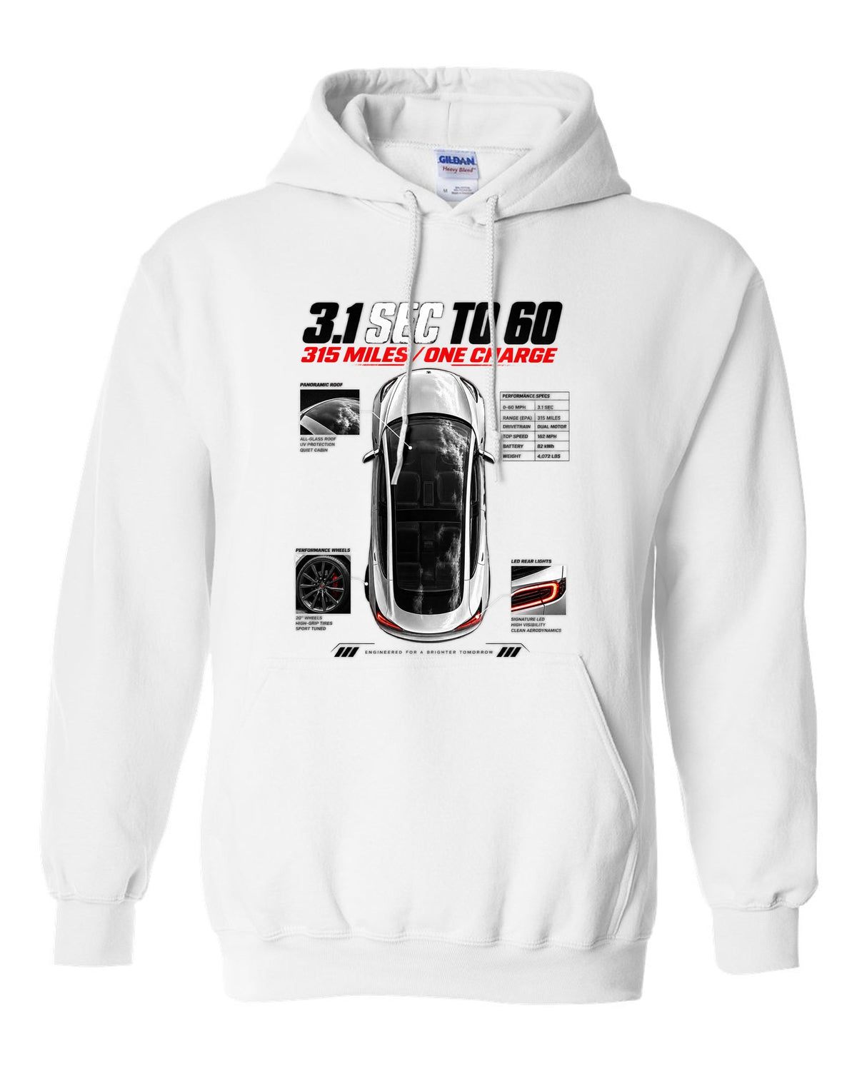 Top-down spec poster print of a Tesla Model 3 Performance with 0-60 and range figures white pull over hoodie front view with the design