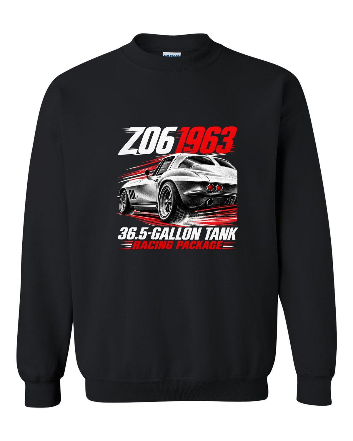 Corvette C2 Sting Ray 1963 Z06 racing package race poster black crewneck front view with the design
