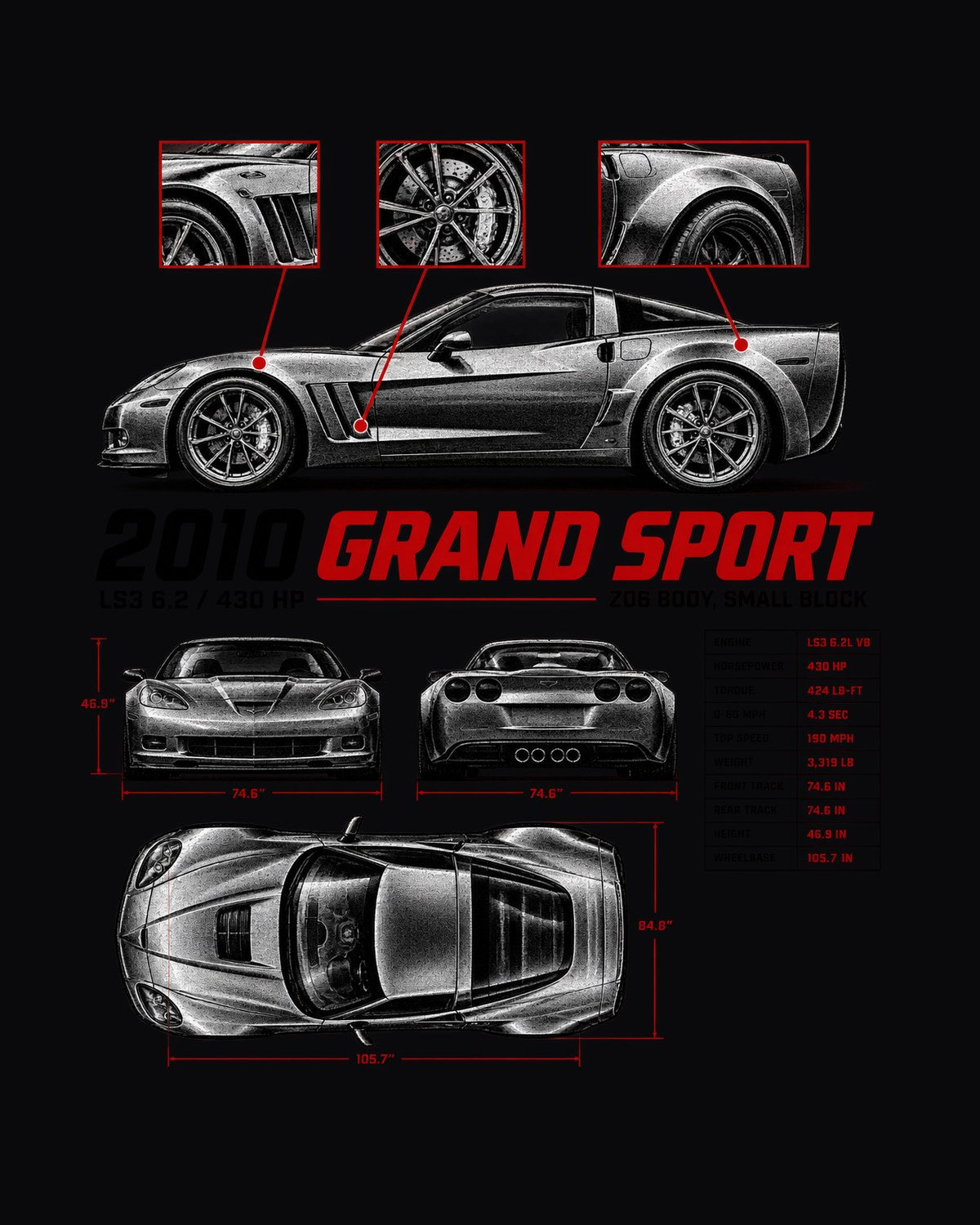 Corvette C6 Grand Sport 2010 Spec Poster Tee, LS3 430 HP design only