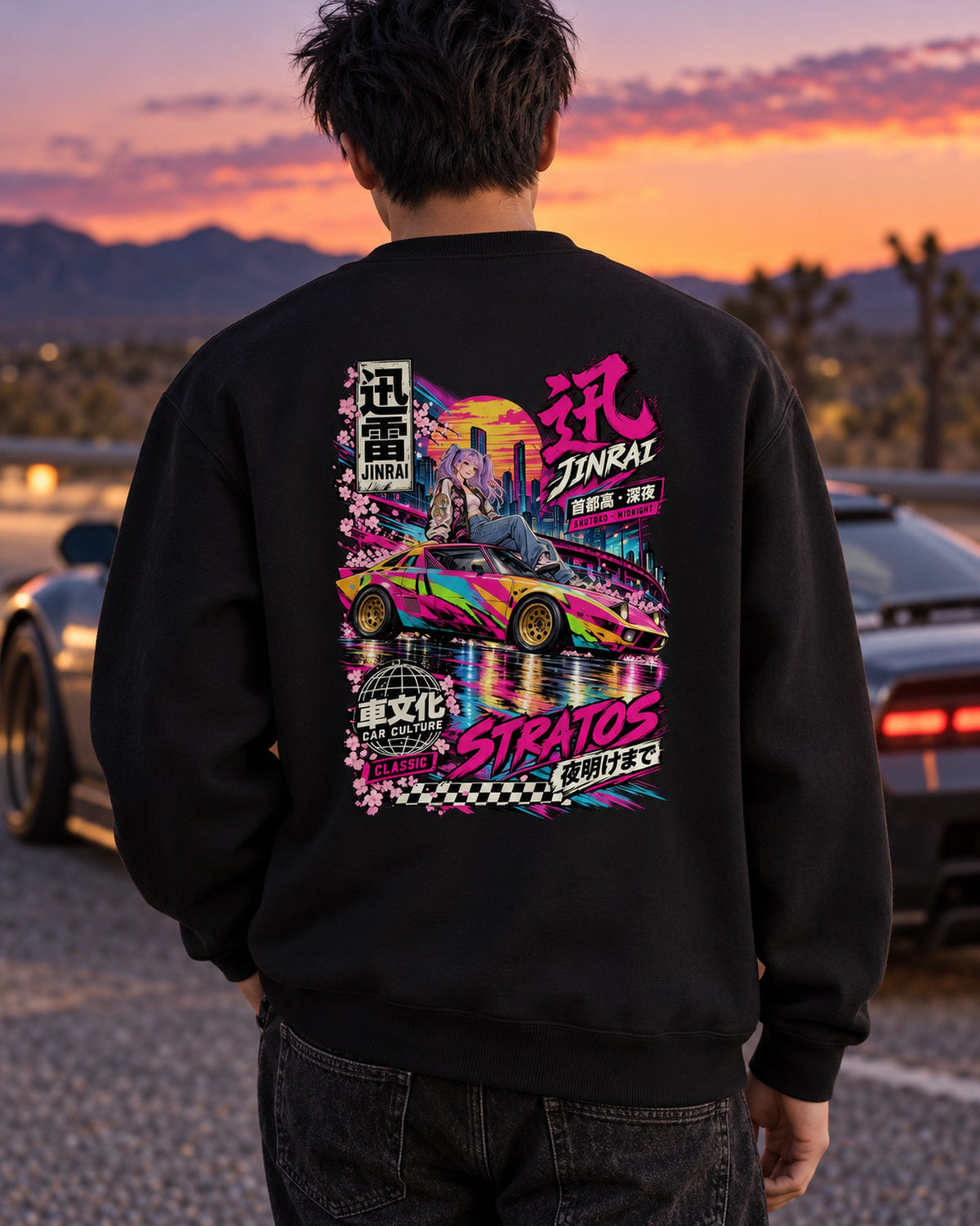 JINRAI STRATOS Anime Girl Full-Back Graphic Tee Crewneck Black worn hero
