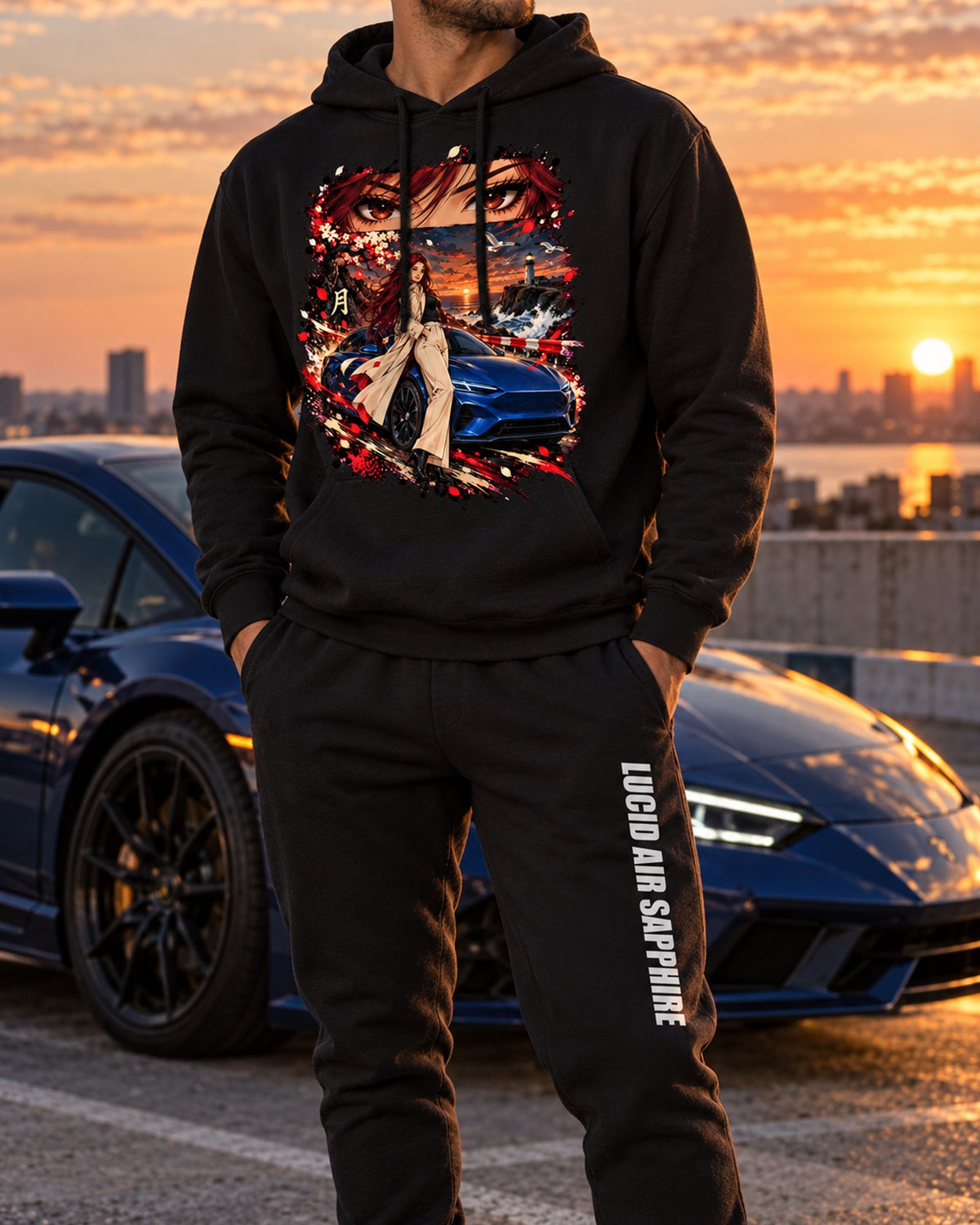 Lucid AIR Sapphire Anime Girl Hoodie + Jogger Set Black worn hero