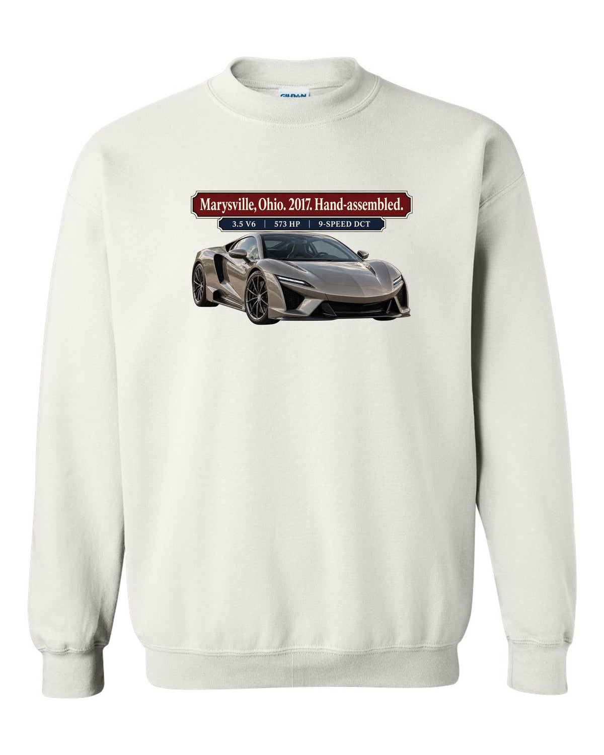 Archive panel print of a 2017 Acura NSX NC1 launch car in warm grey white crewneck front view with the design