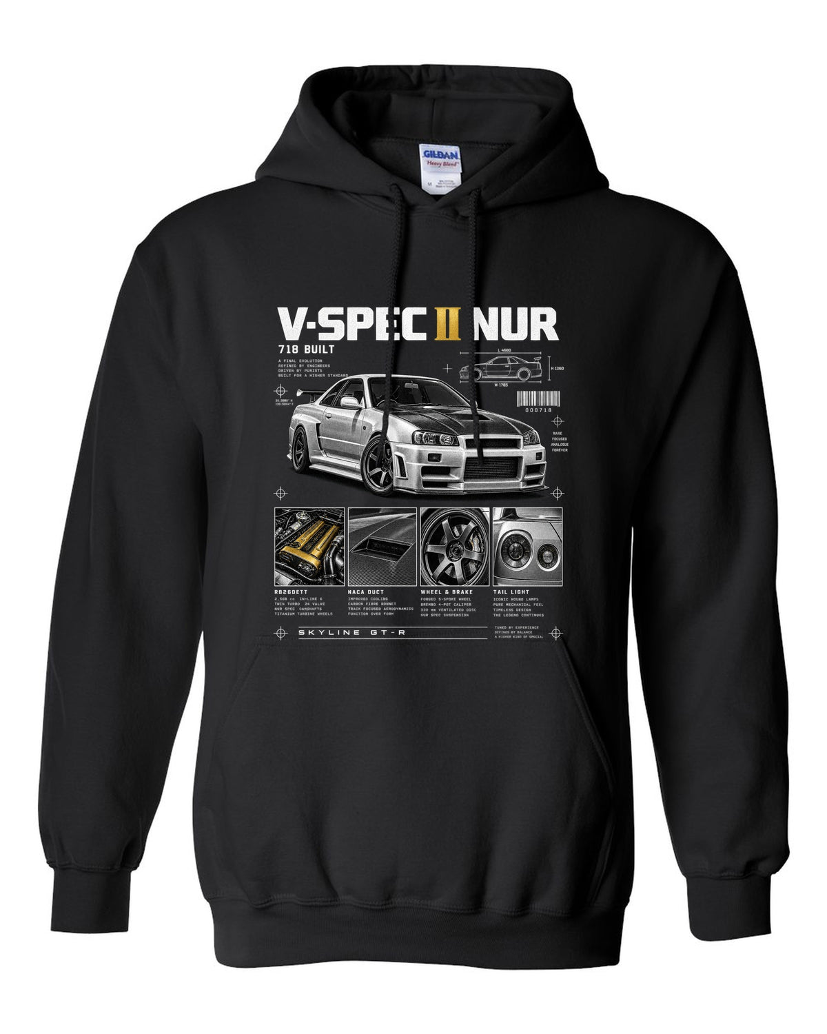 Dossier panels of a Nissan Skyline GT-R R34 V-Spec II Nur with 718 built and gold cam covers lettering black pull over hoodie front view with the design